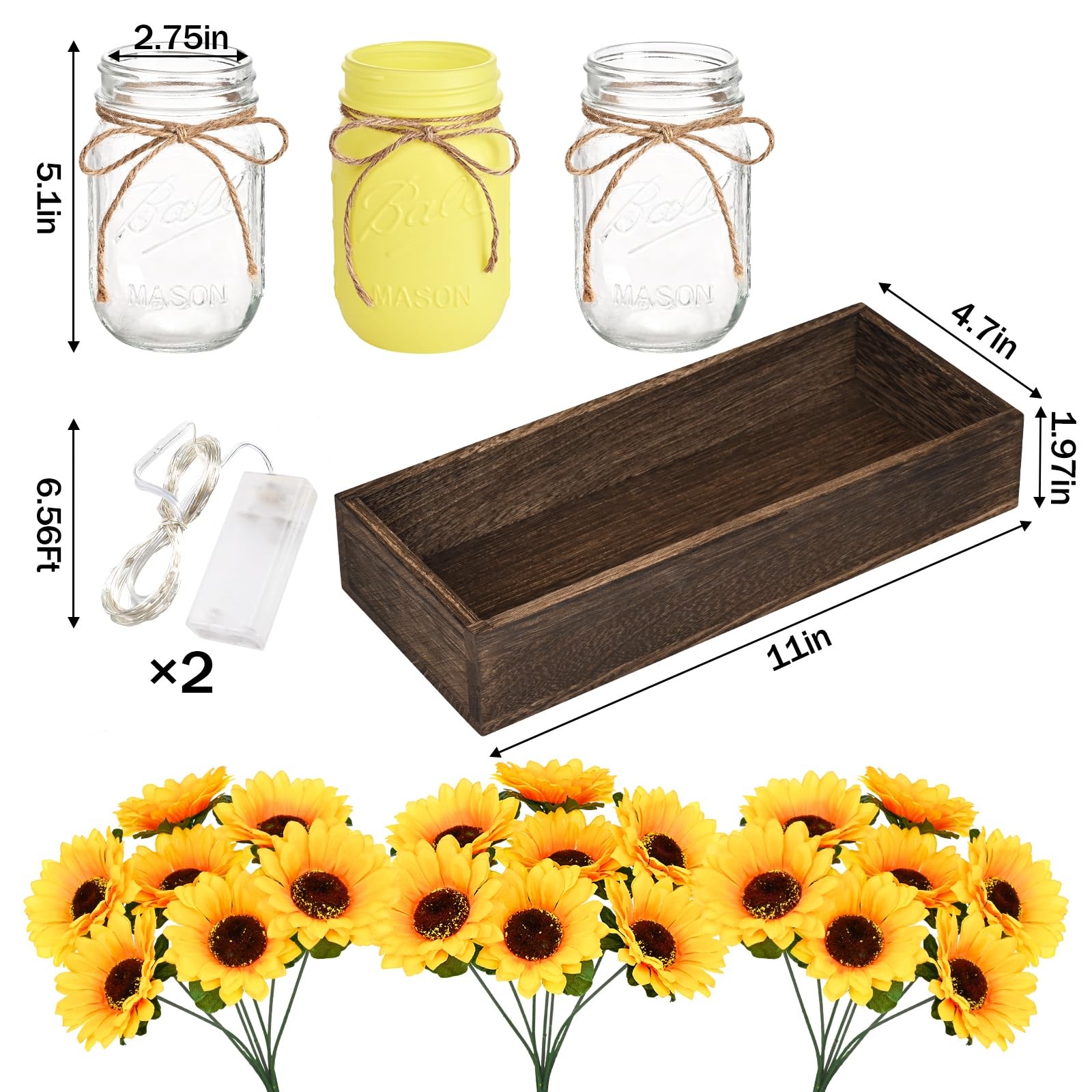 Centerpiece Table Decorations – 3Pcs Sunflowers Artificial Flowers in Mason Jars