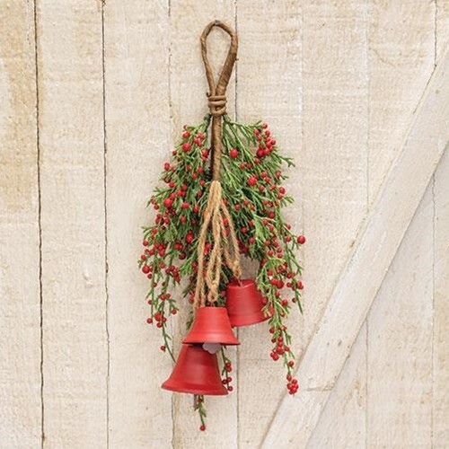 New Primitive Farmhouse Christmas CEDAR RED BERRY BELLS TEARDROP SWAG Wreath