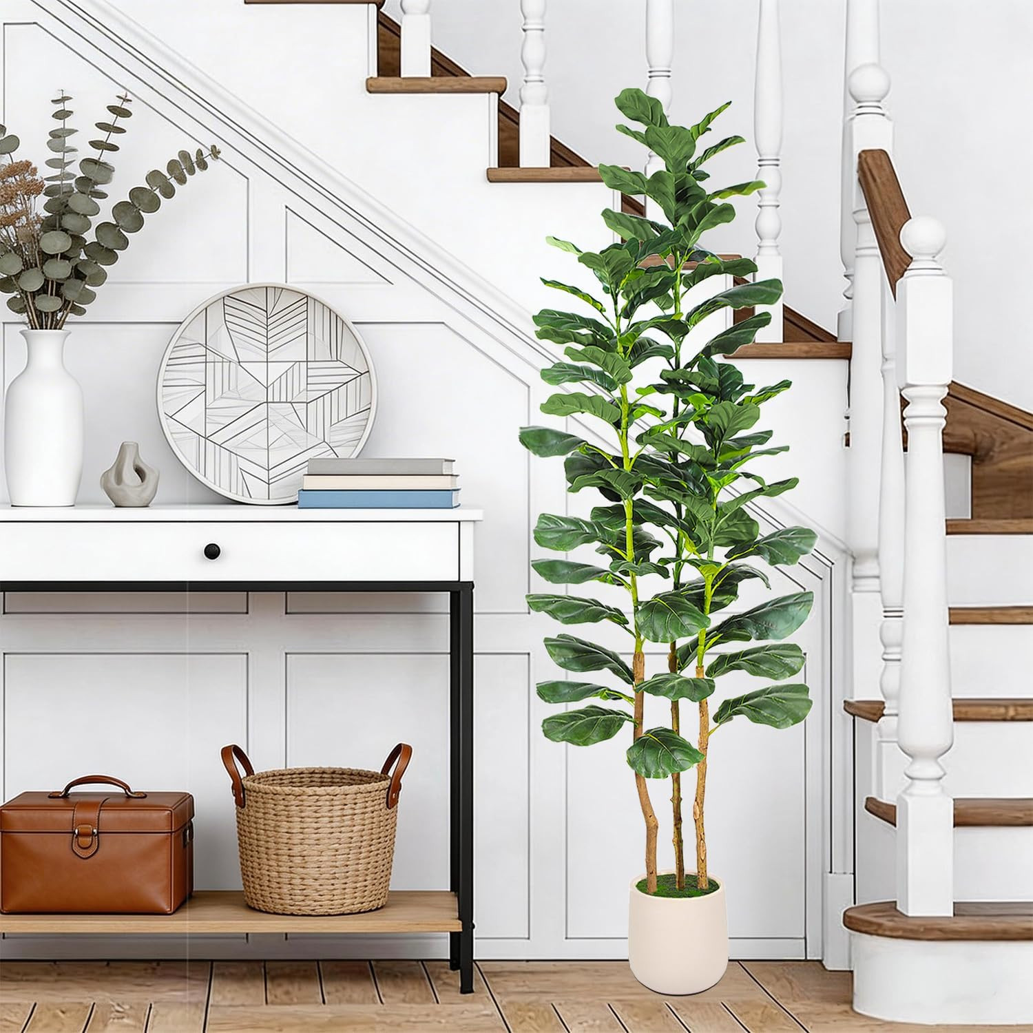 6ft Artificial Fiddle Leaf Fig Tree with White Planter, Tall Fake Plant with Nat