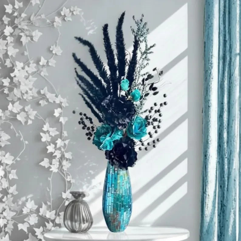 Modern Rose Floral Arrangement: Black & Blue Home Decor, Fancy Table Centerpiece