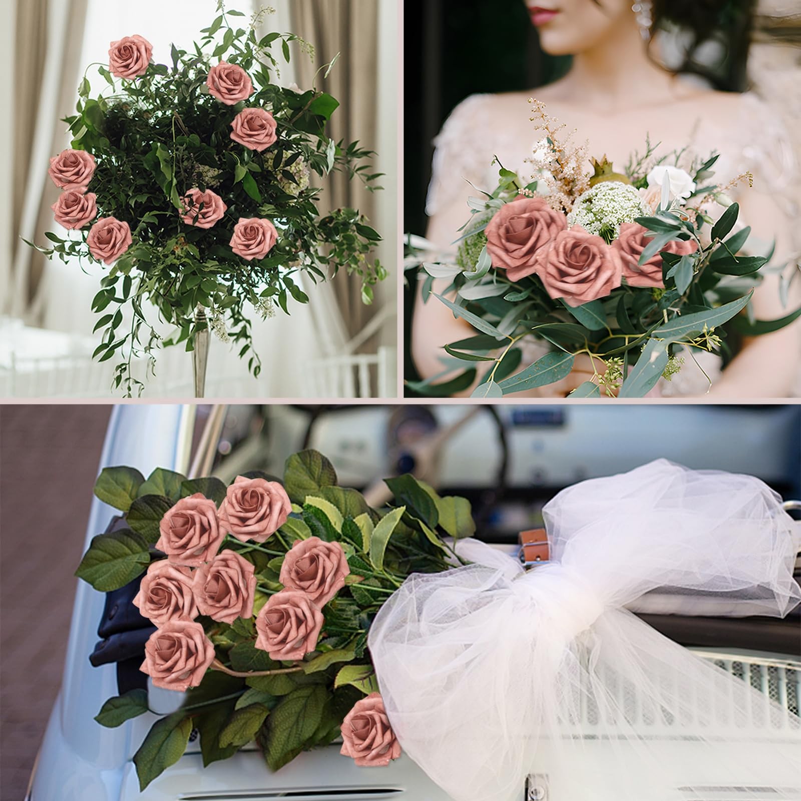 100 PCS Warm Taupe Artificial Flowers Roses Foam Fake Leaves Wedding Bridal