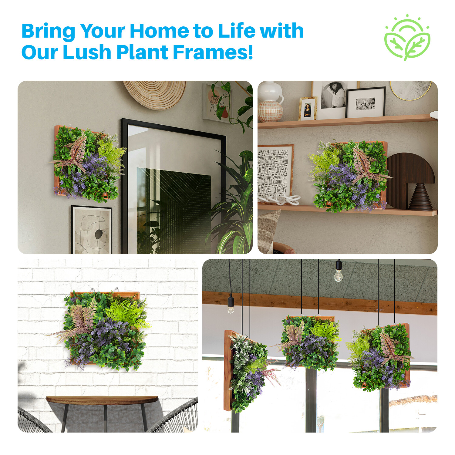 Artificial Plants Green Wall Decor with Square Wooden Frame 13in, Purple