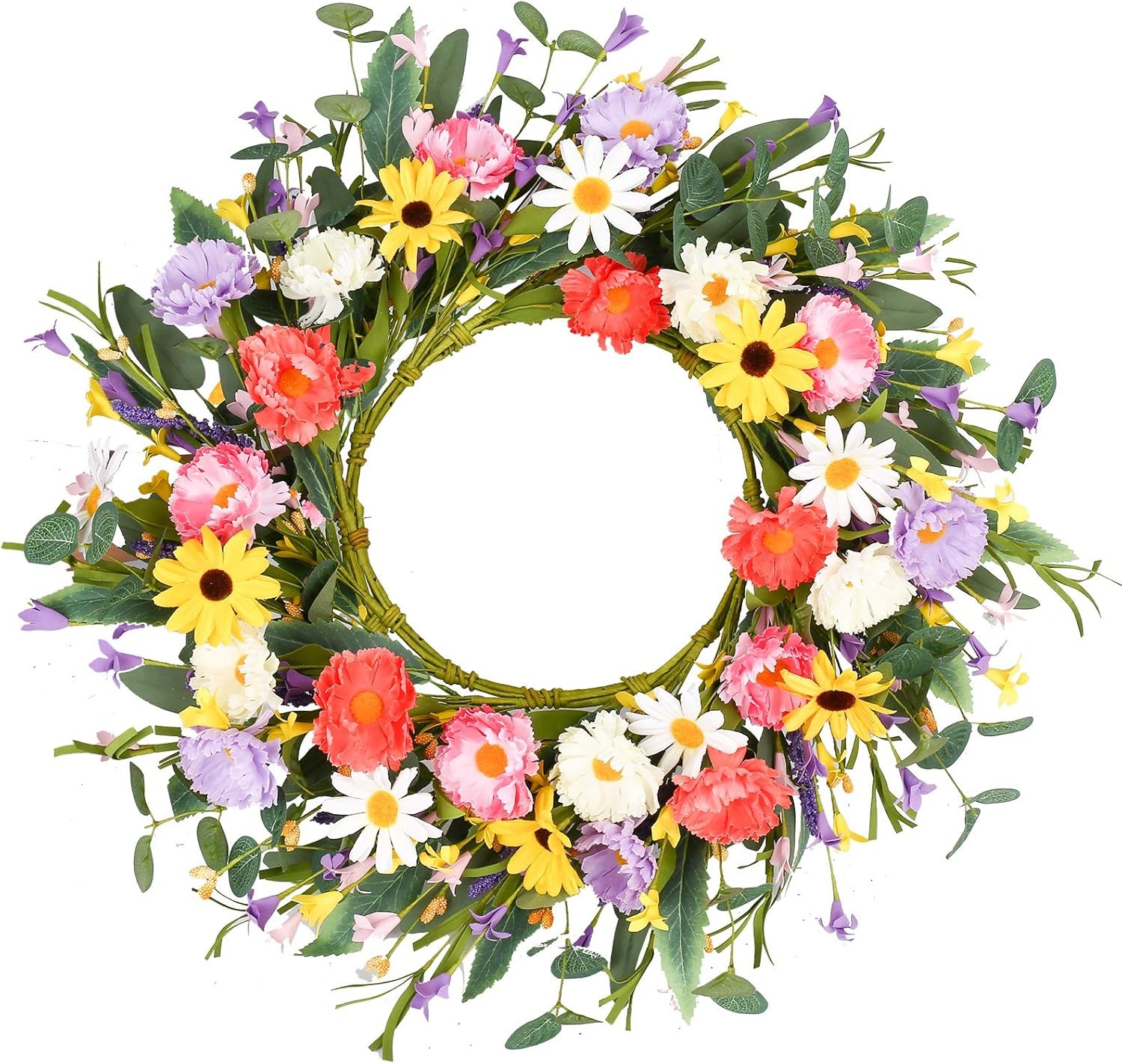 Artificial Spring Wreath 20” Purple Yellow White & Pink Flower Wreaths Summer