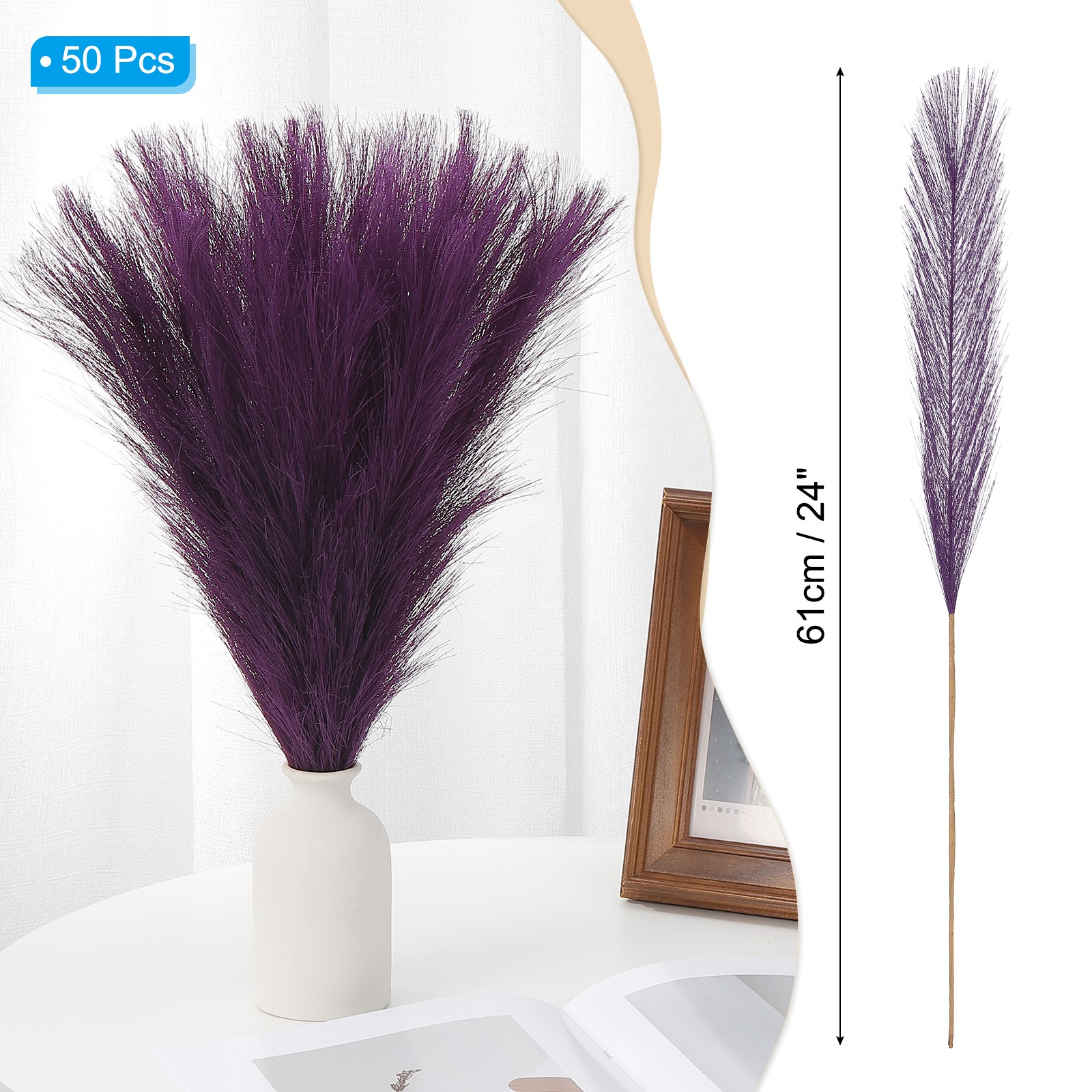 24in Pampas Grass Decor, 50pcs Artificial Pampas Grass Bulk, Dark Purple