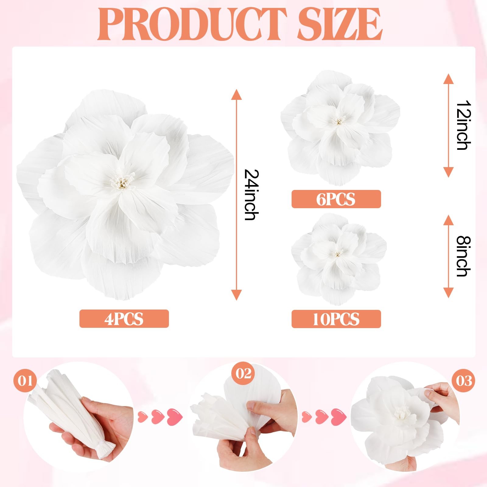 20 PCS Giant Paper Flowers Wall Decor 24″ 12″ 8″ Tissue Wedding Backdrop White