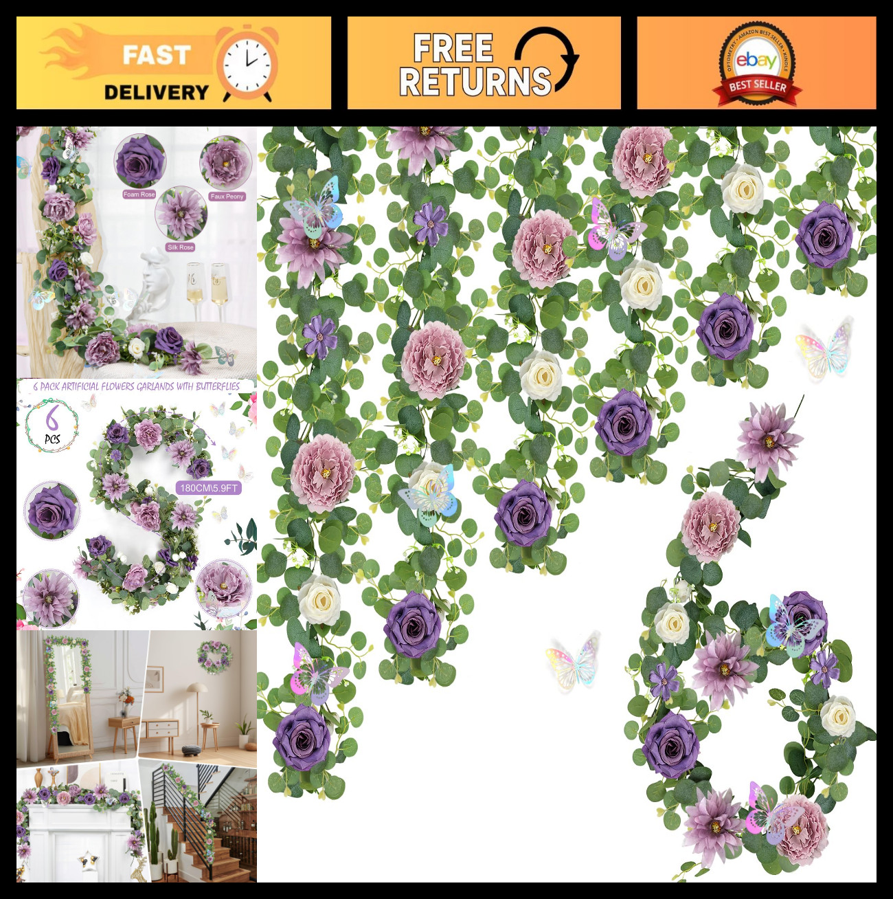 6 Pack 5.9FT Faux Flower Garland with Butterflies – Light Purple Rose & Eucalypt
