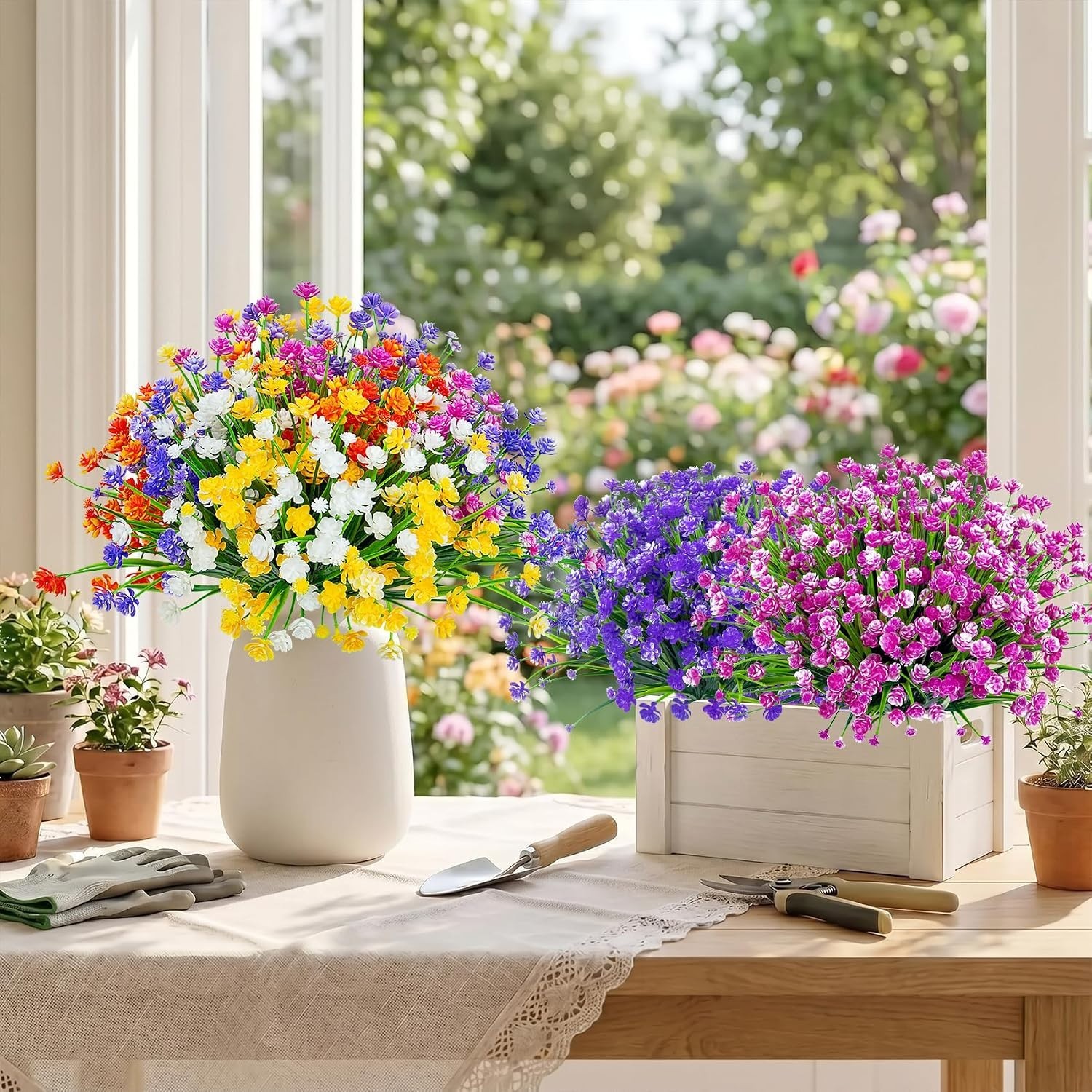 12 Bundles of UV Resistant Mixed Color Artificial Flowers & Boston Ferns Delight