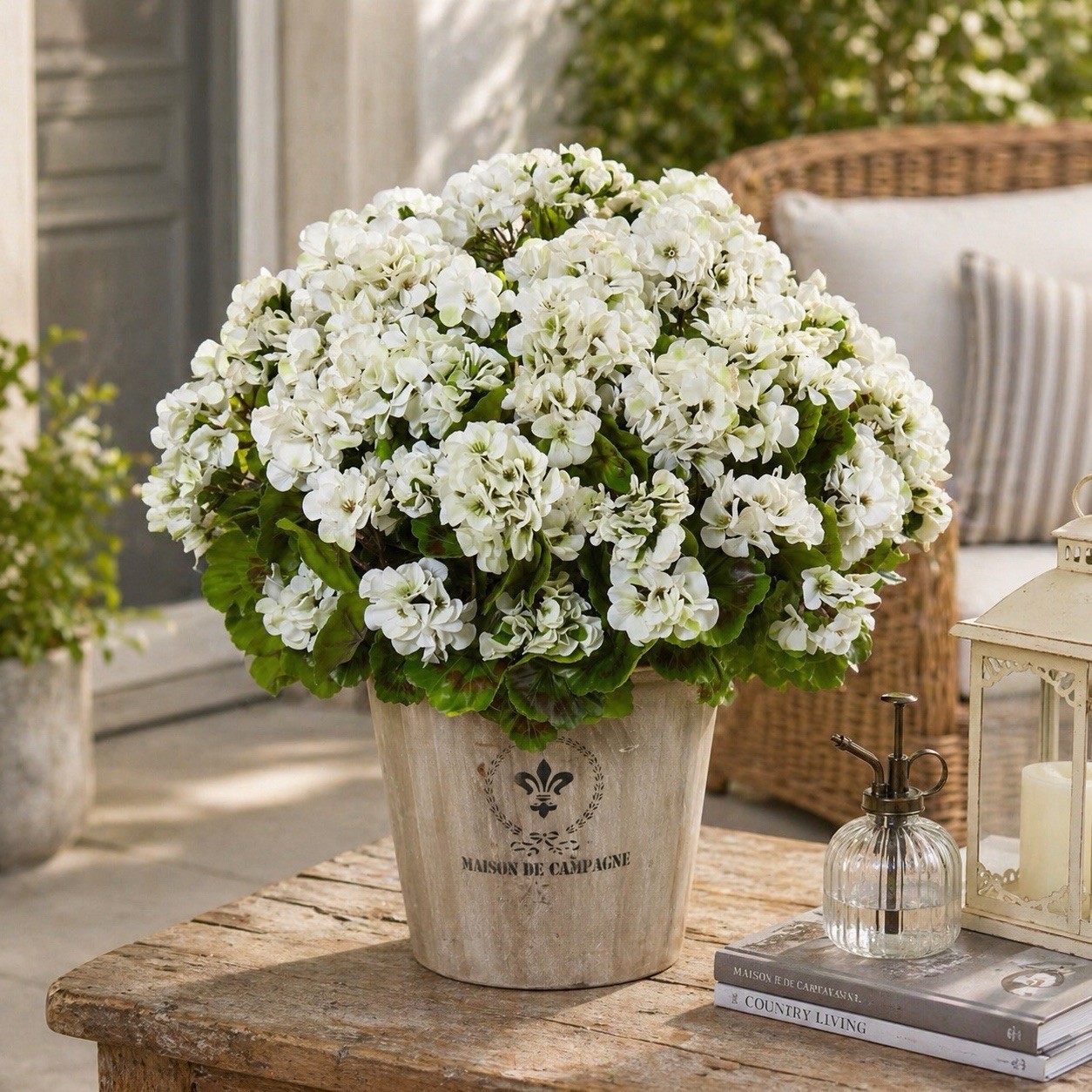 22” Artificial Geranium in Farmhouse Planter UV Resistant (Indoor/Outdoor)