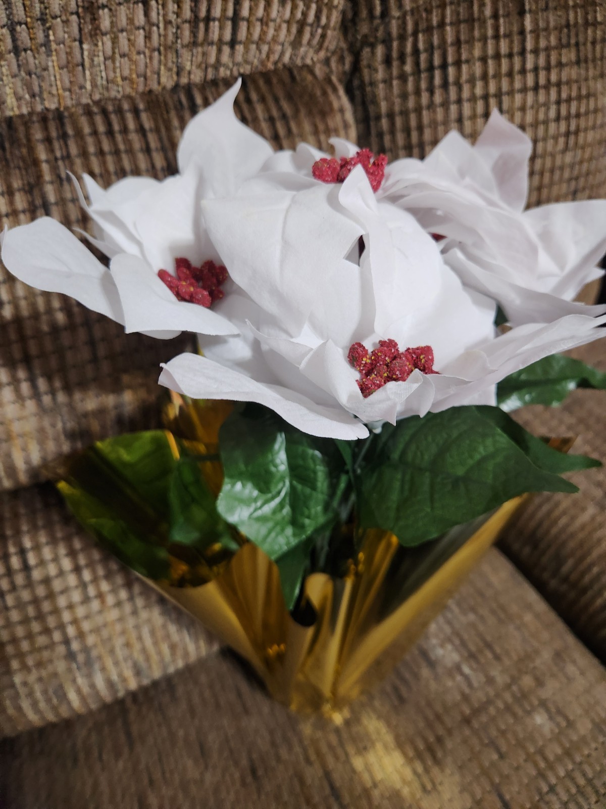 Holiday Time Aritificial Poinsettia Plant With Gold Foil Pot White Velvet 17in
