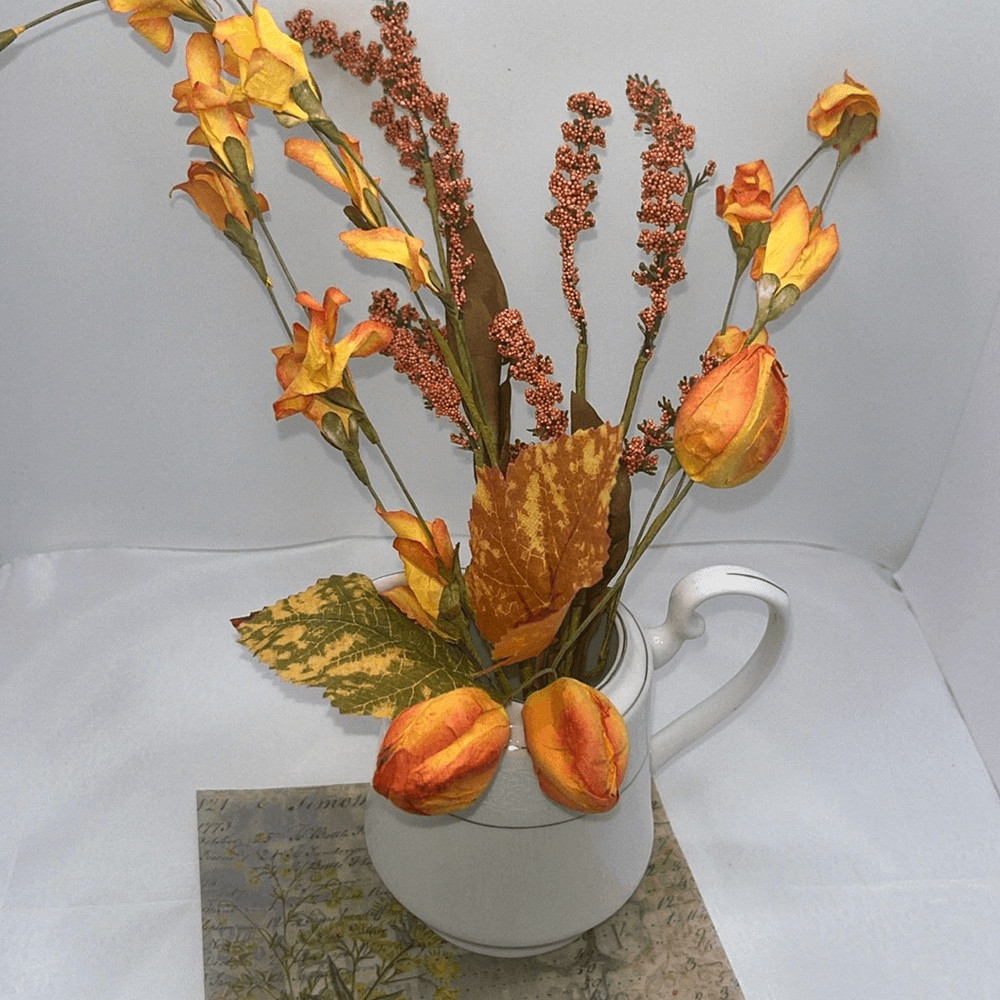 Farmhouse White Creamer Silver Horizontal Stripe Floral Accents Faux Flowers