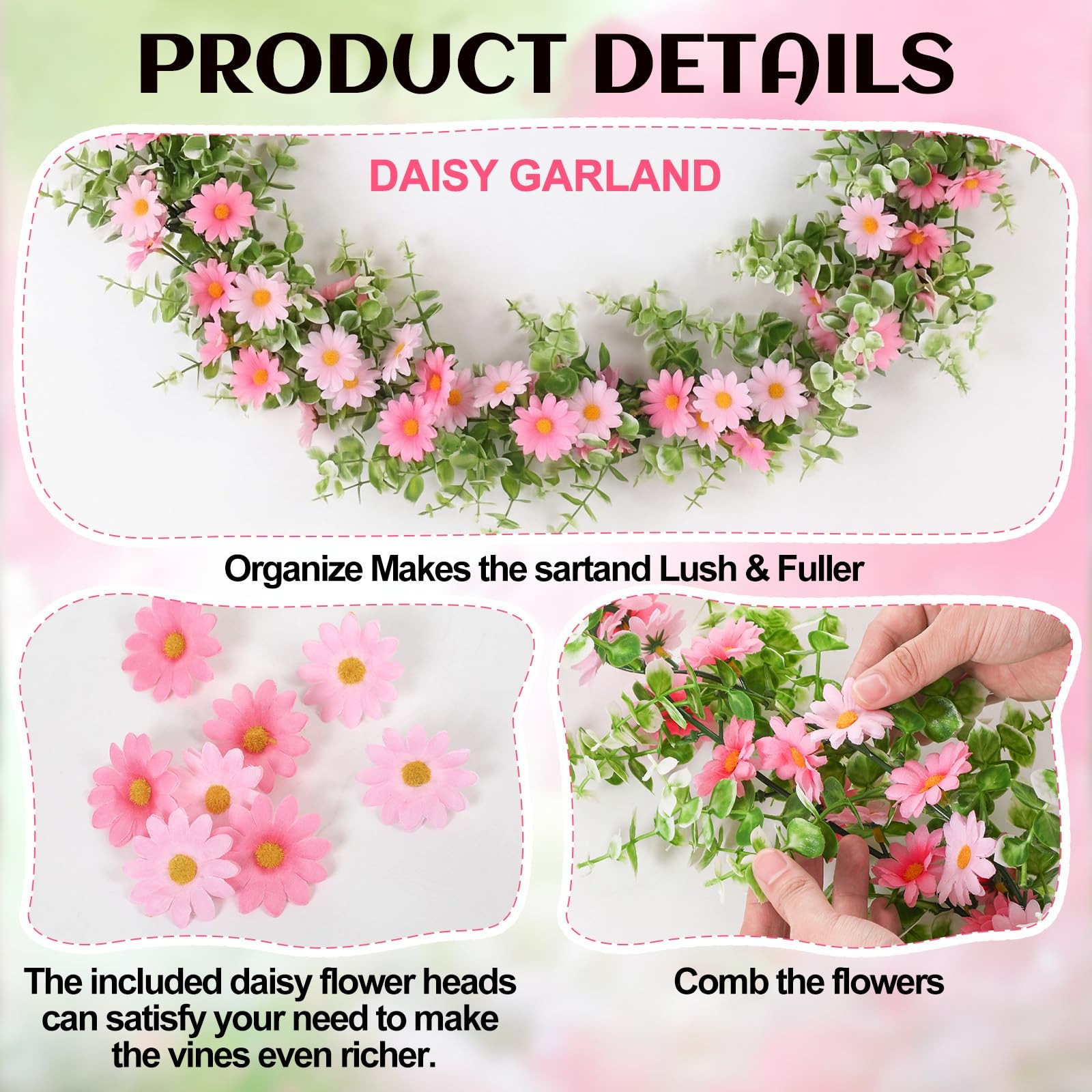 2 Pcs 6 Ft Artificial Daisy Garland with 100 Fake Flowers Hanging Vine Spring…