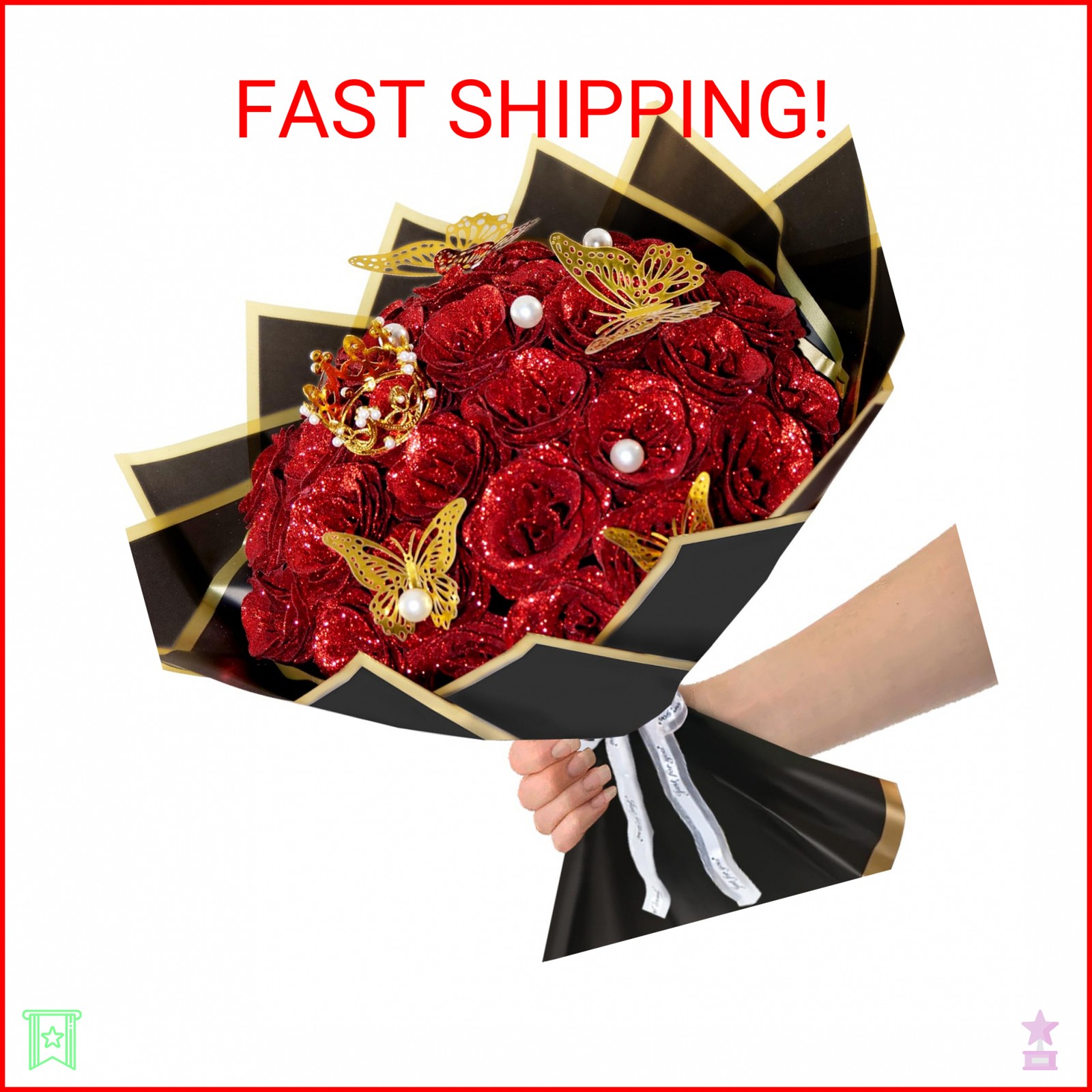 Red Glitter Roses Bouquet, 24 Pcs Shiny Glitter Flowers Bouquet, Everlasting Art