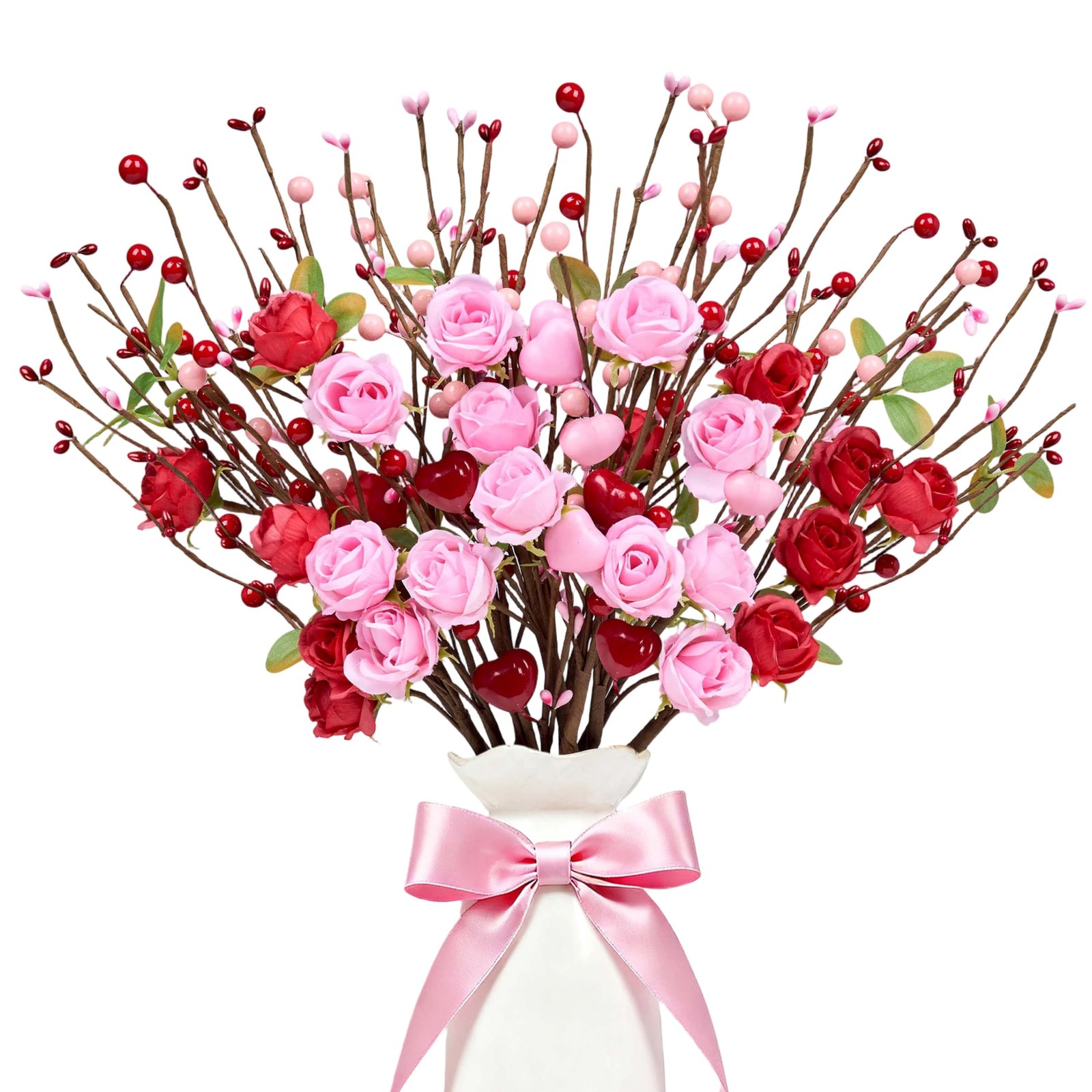 12 PCS Valentine Artificial Flowers 17 Inch Picks Red Roses Pink Heart Berries