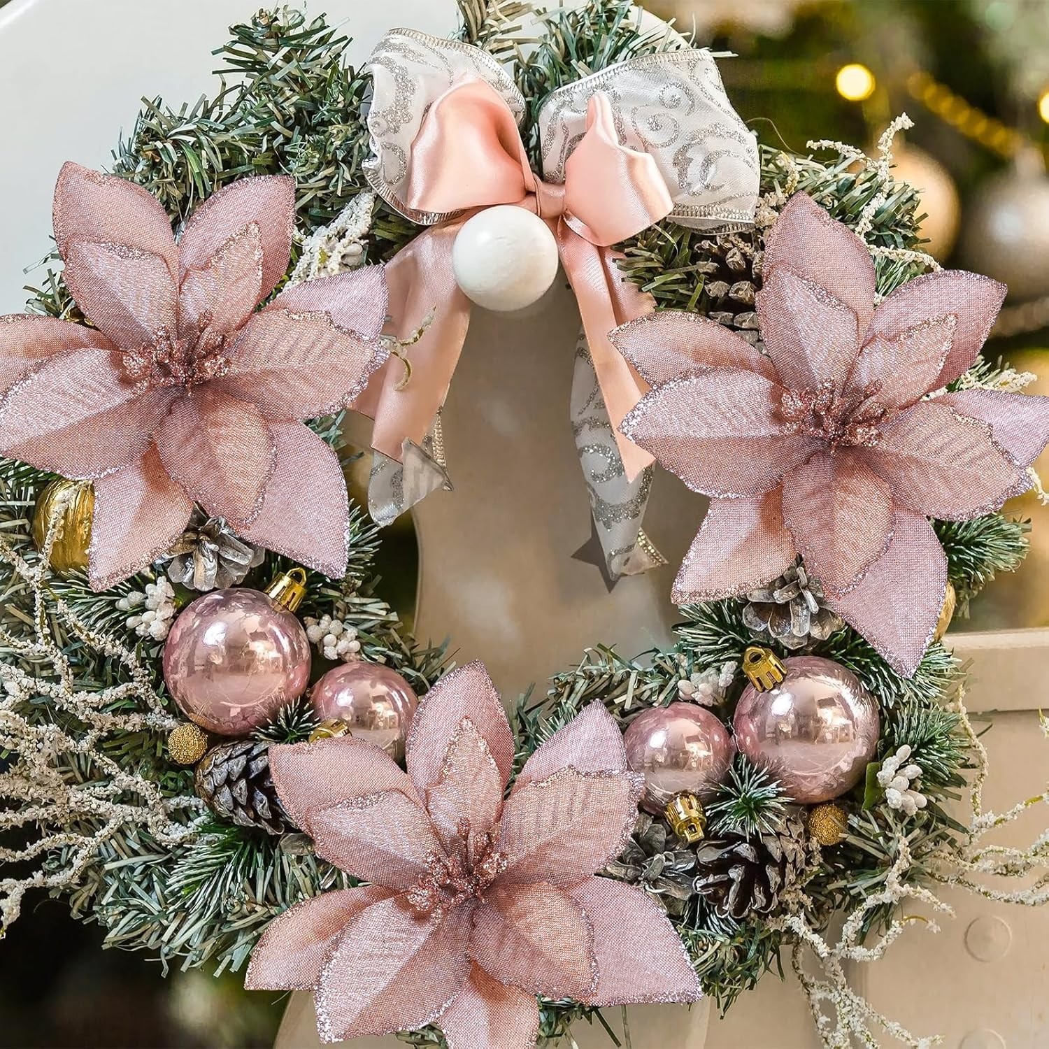 24 Pcs Christmas Glittered Poinsettia Floral Picks Rose Gold Artificial Silk Poi