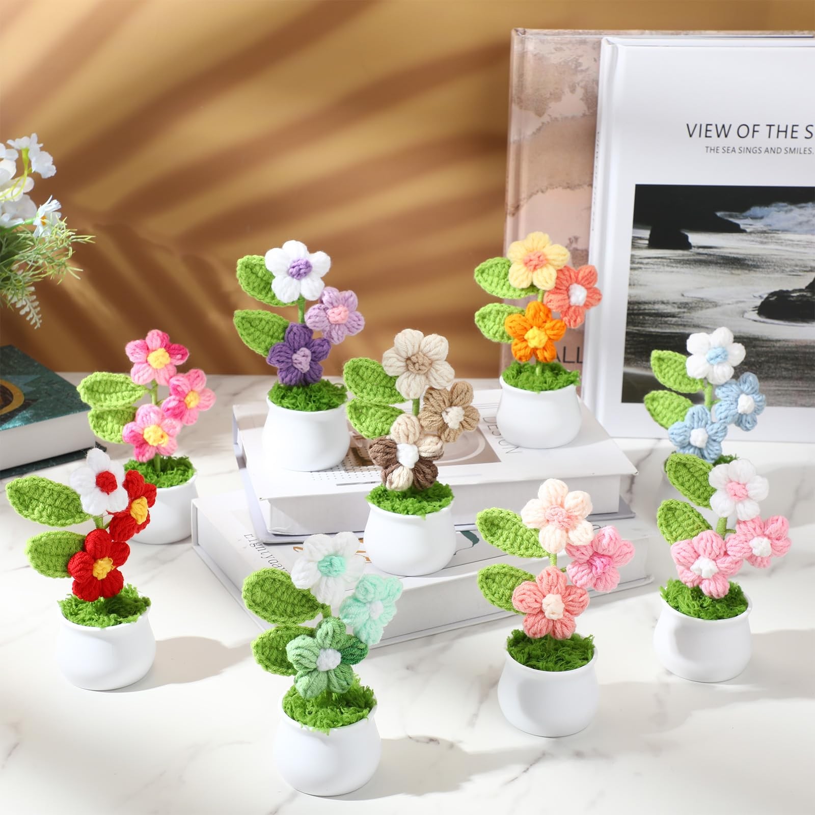 9 Pack Crochet Flower Pot Bulk, Crochet Puff Flowers, Small Potted Plant Bouq…