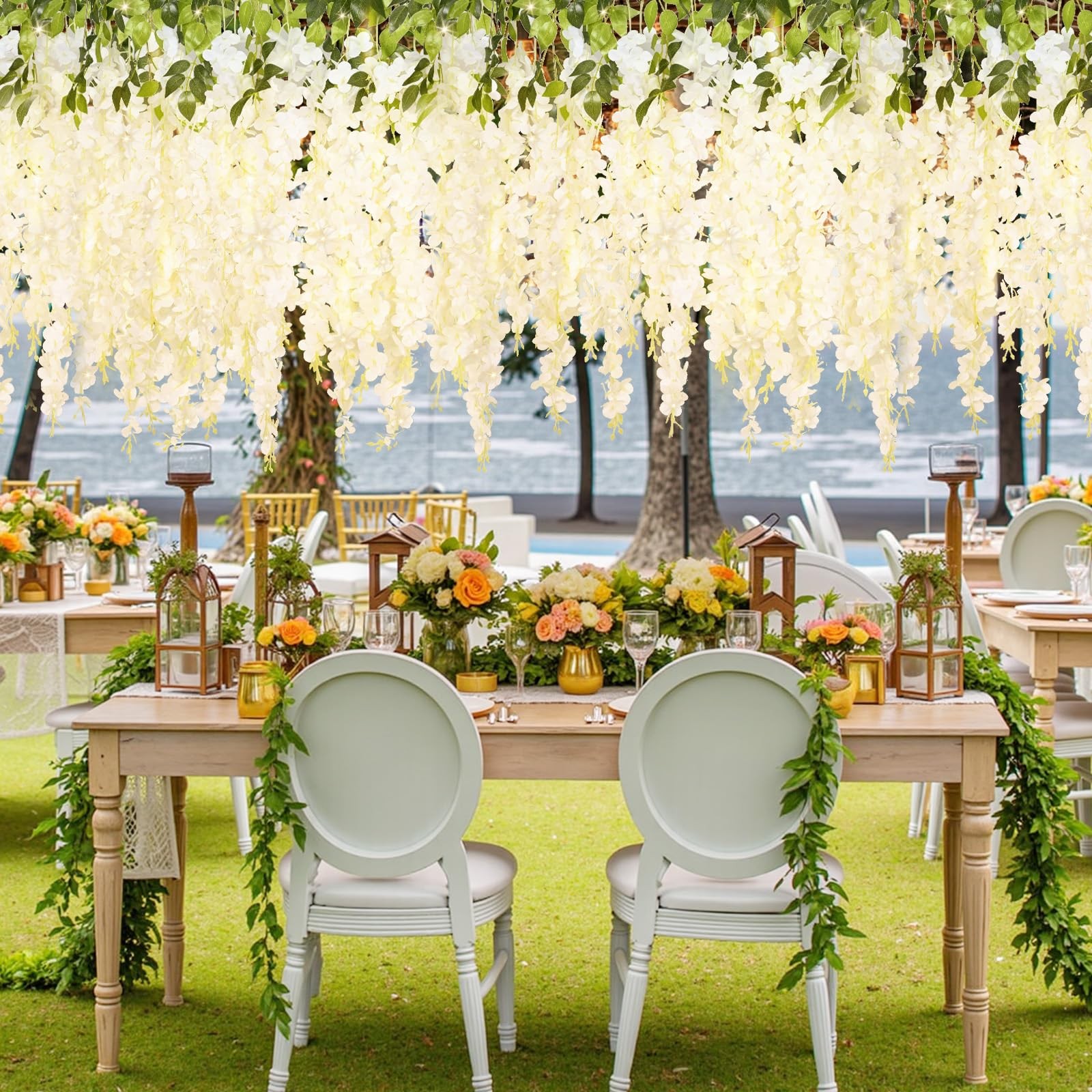 12Pcs Artificial Wisteria Hanging Flowers with Lights, 3.6Ft/Pcs White Fake W…