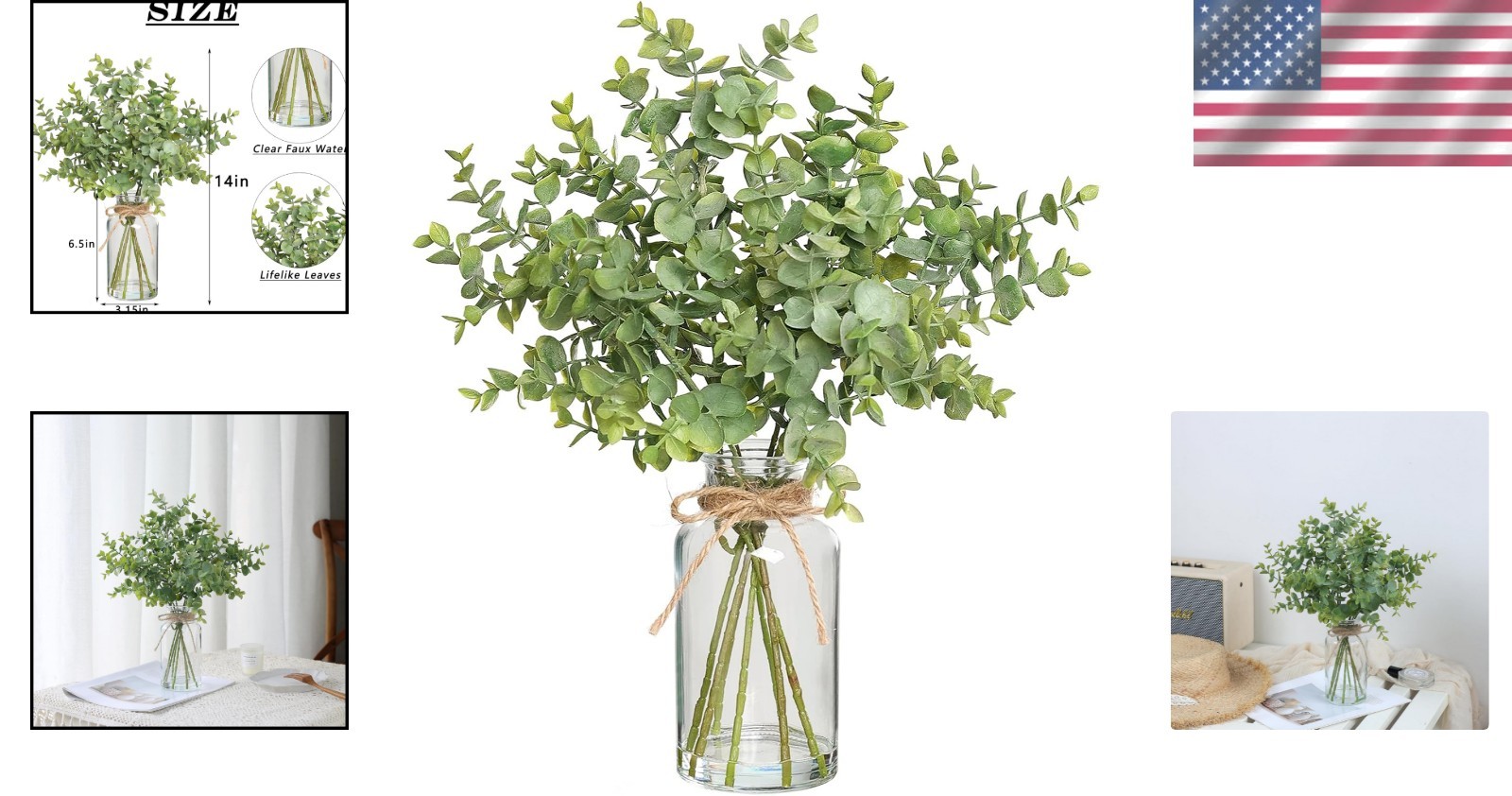 Artificial Eucalyptus Stems in Glass Vase Faux Water Home Decor Indoors