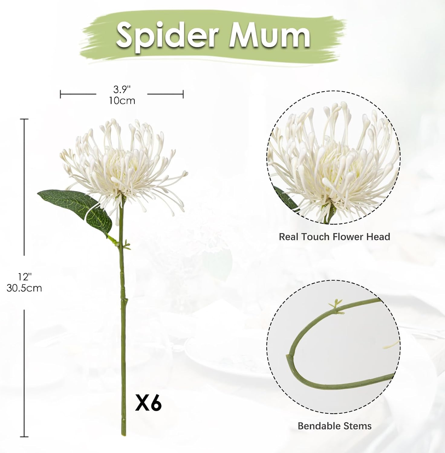 6PCS Artificial Mums Spring Flowers 4” White Spider Chrysanthemum Fake Flowers