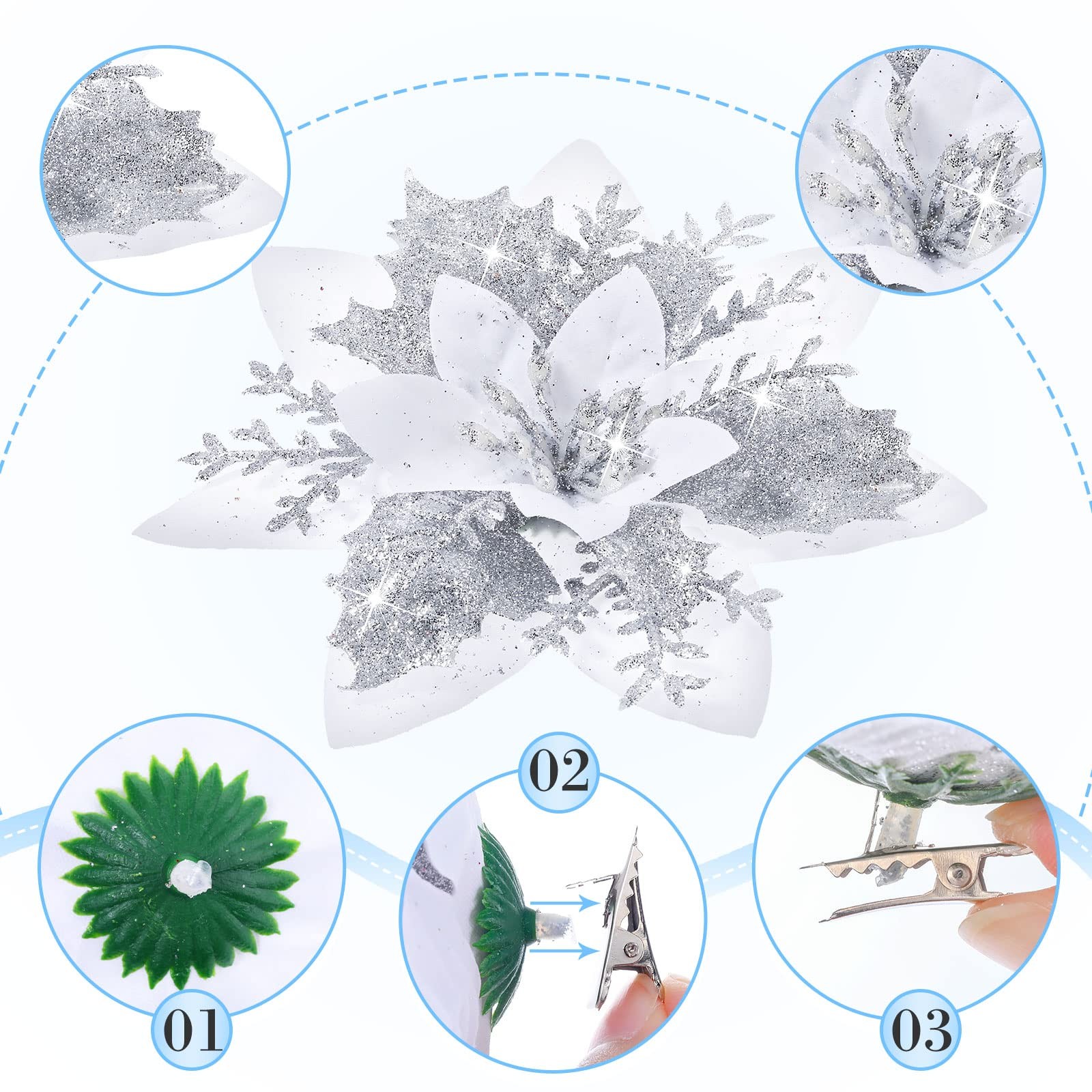 36 PCS Silver White Christmas Glitter Artificial Poinsettia Flowers 3 Sizes