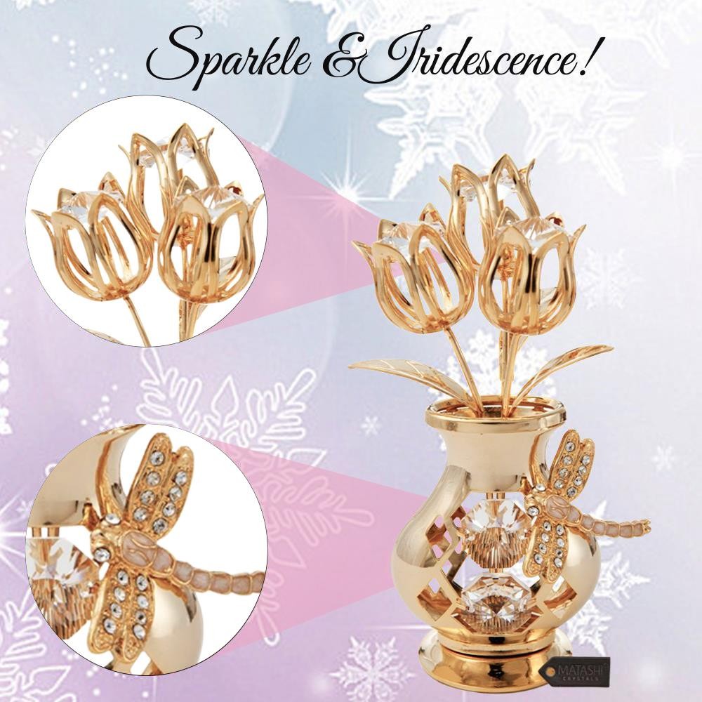 Matashi 24K Gold Plated Flower Vase w/ Crystal Studded Dragonfly Bouquet
