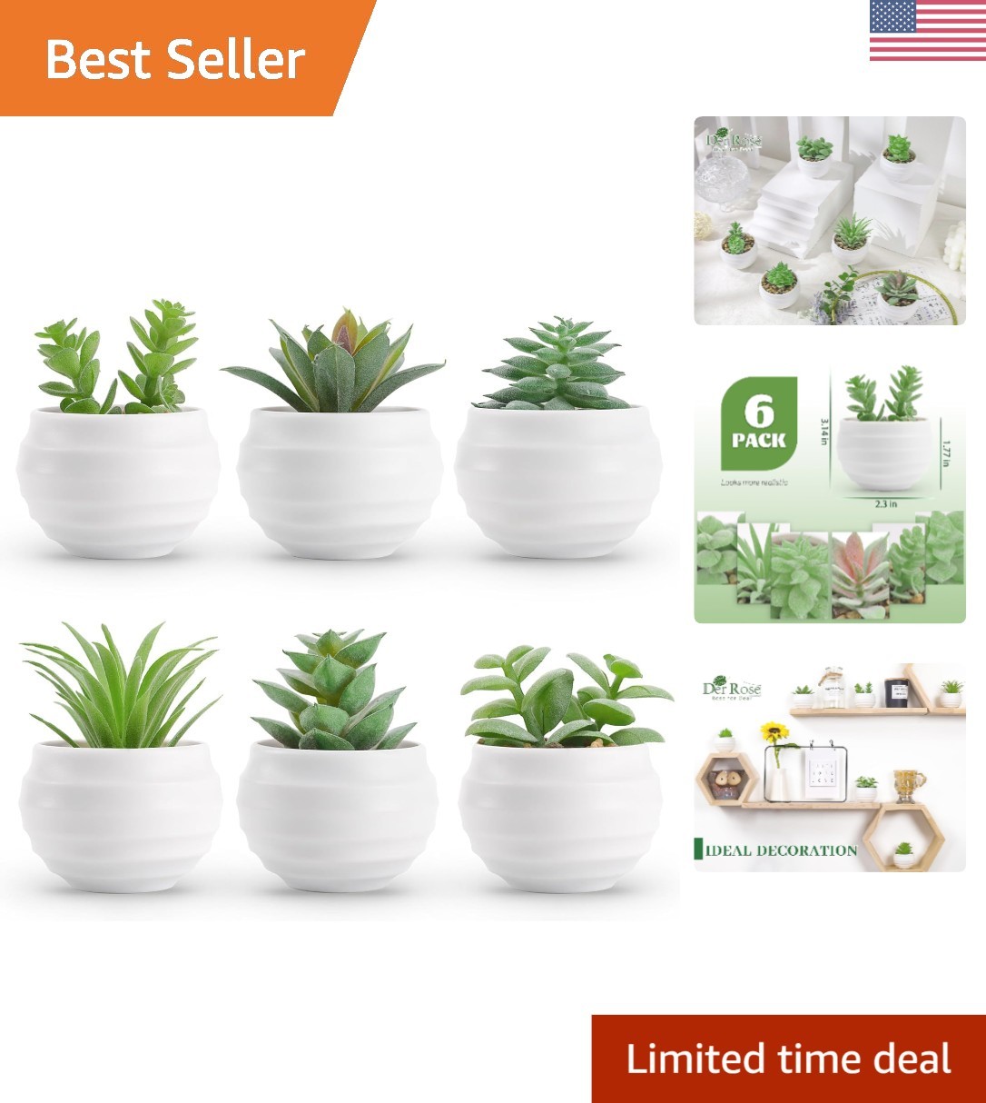 Charming Set of 6 Faux Succulents for Bathroom, Office & Living Room Decor