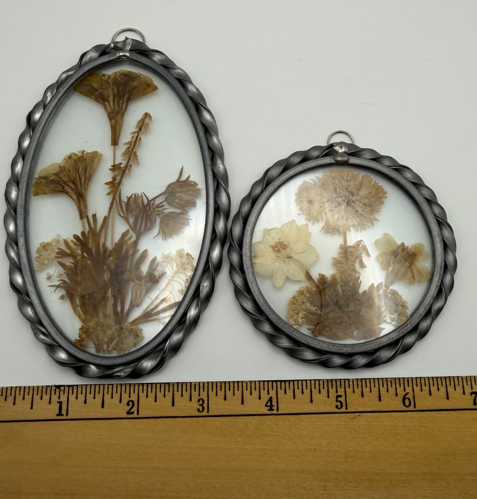 Vintage suncatcher | set of 2 pressed flower arrangements in pewter frames