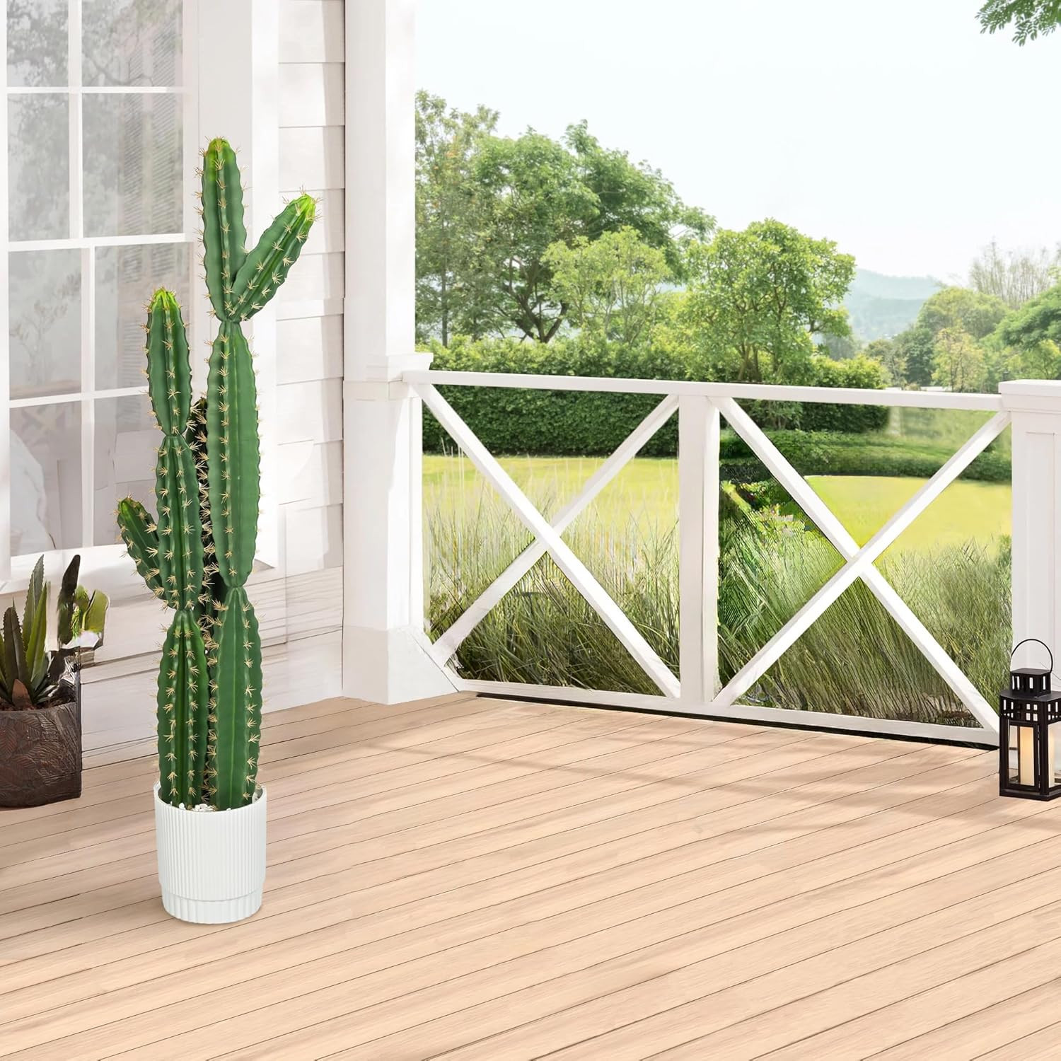 51″ Realistic Faux Cactus in White Pot – Low Maintenance Indoor/Outdoor Decor