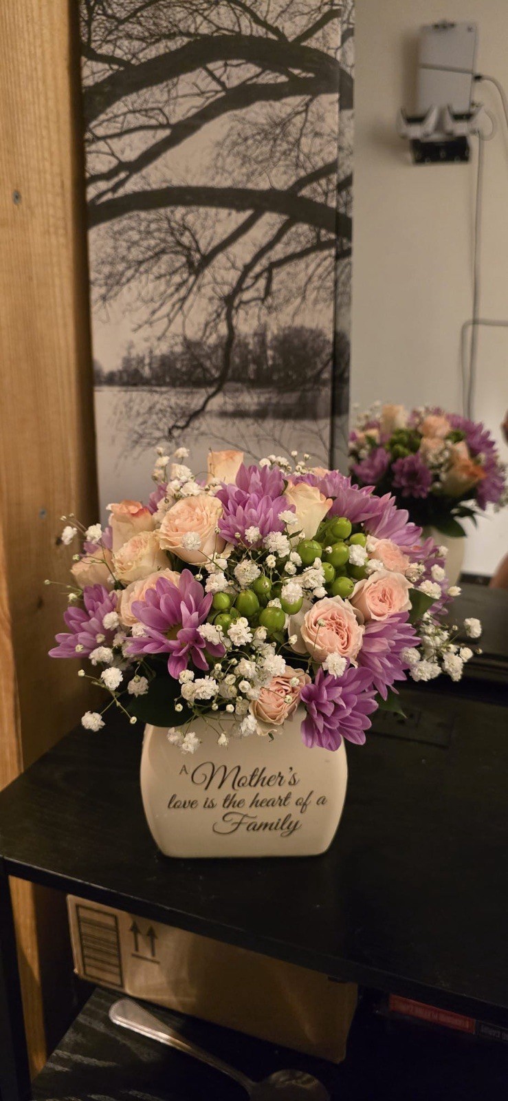 Fresh Flower Arrangement with Pink Roses, Purple Flowers for Mother’s Day