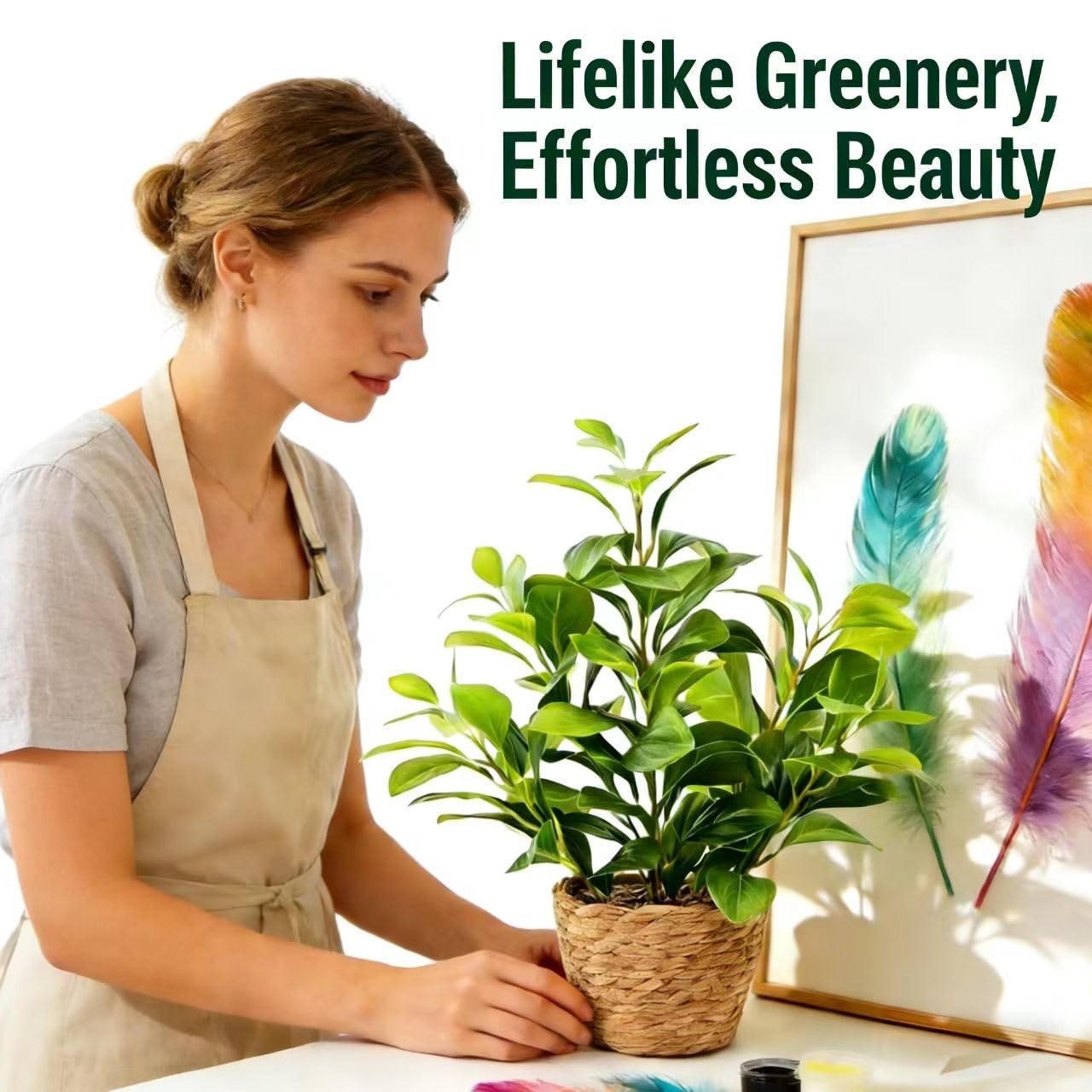 16 inch Artificial Peperomia Potted Plant in Woven Basket Planter Lifelike Tw…