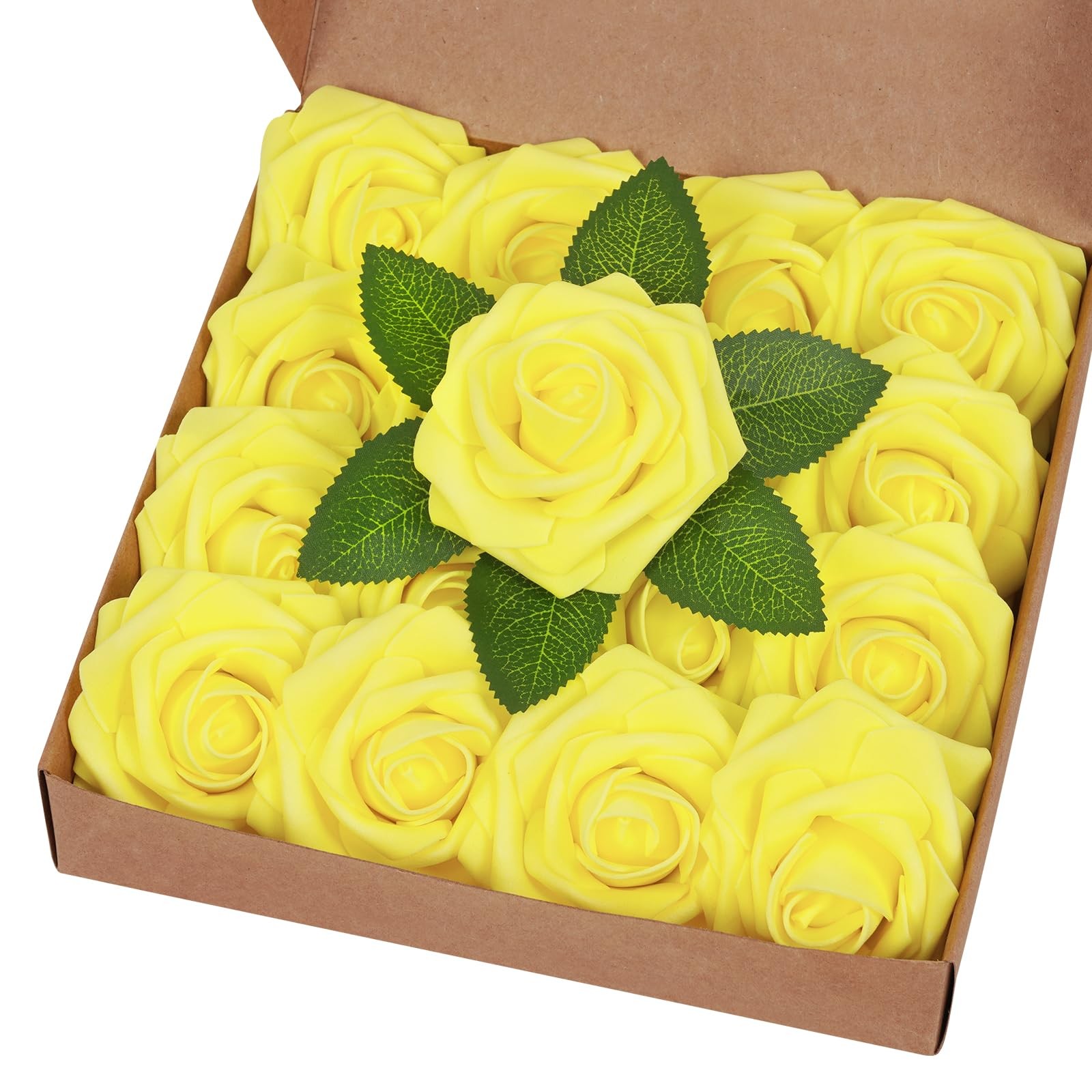 16Pcs Artificial Flowers Fake Roses with Stems, Yellow Boxed Foam Roses for D…