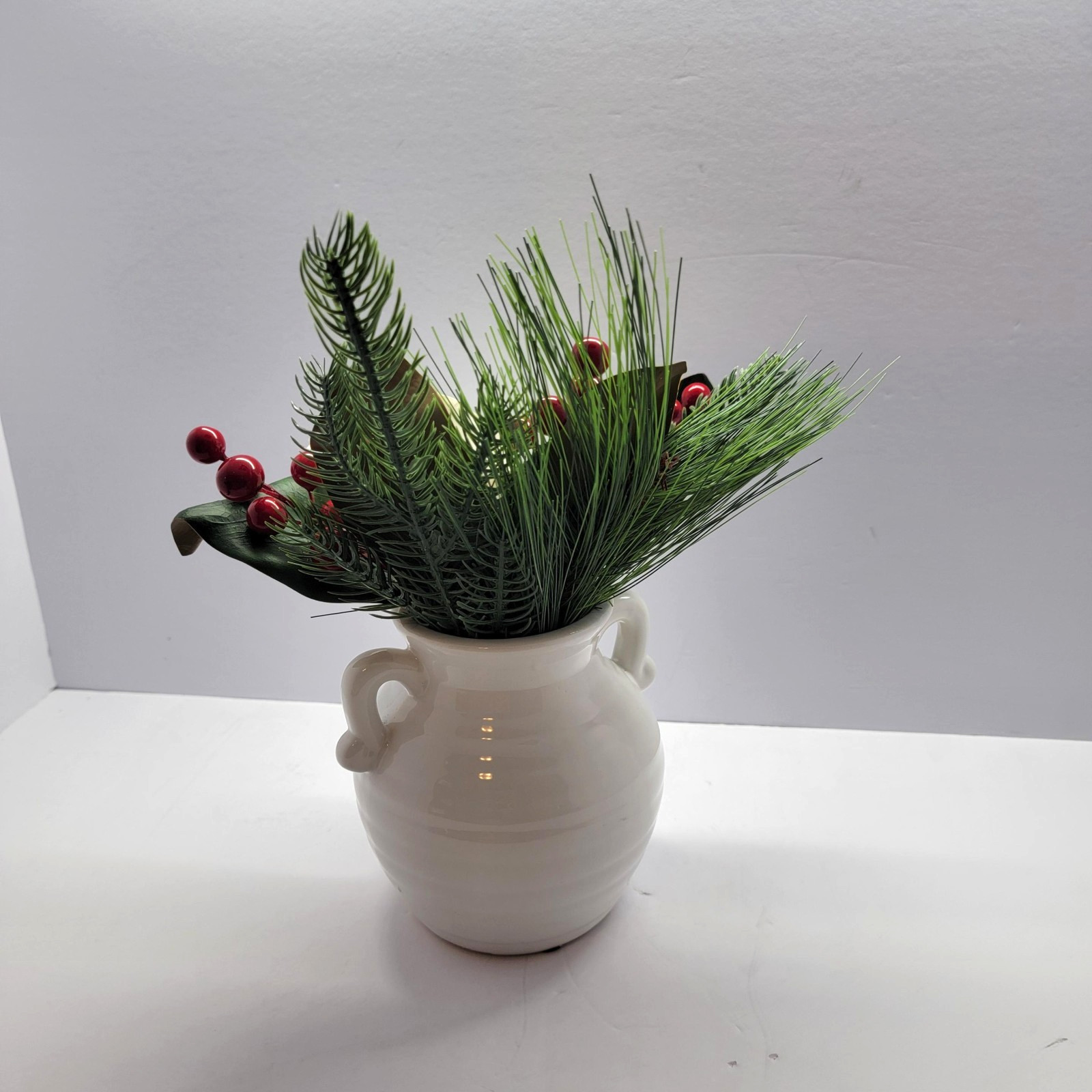 Farmhouse Magnolia Pine Berry Faux Floral Arrangement White Ceramic Vase Decor