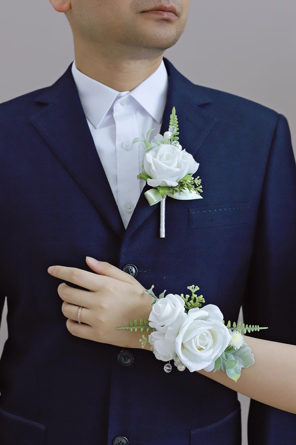White Green Corsage Boutonniere Set Prom Wedding Homecoming Wristlet Decor