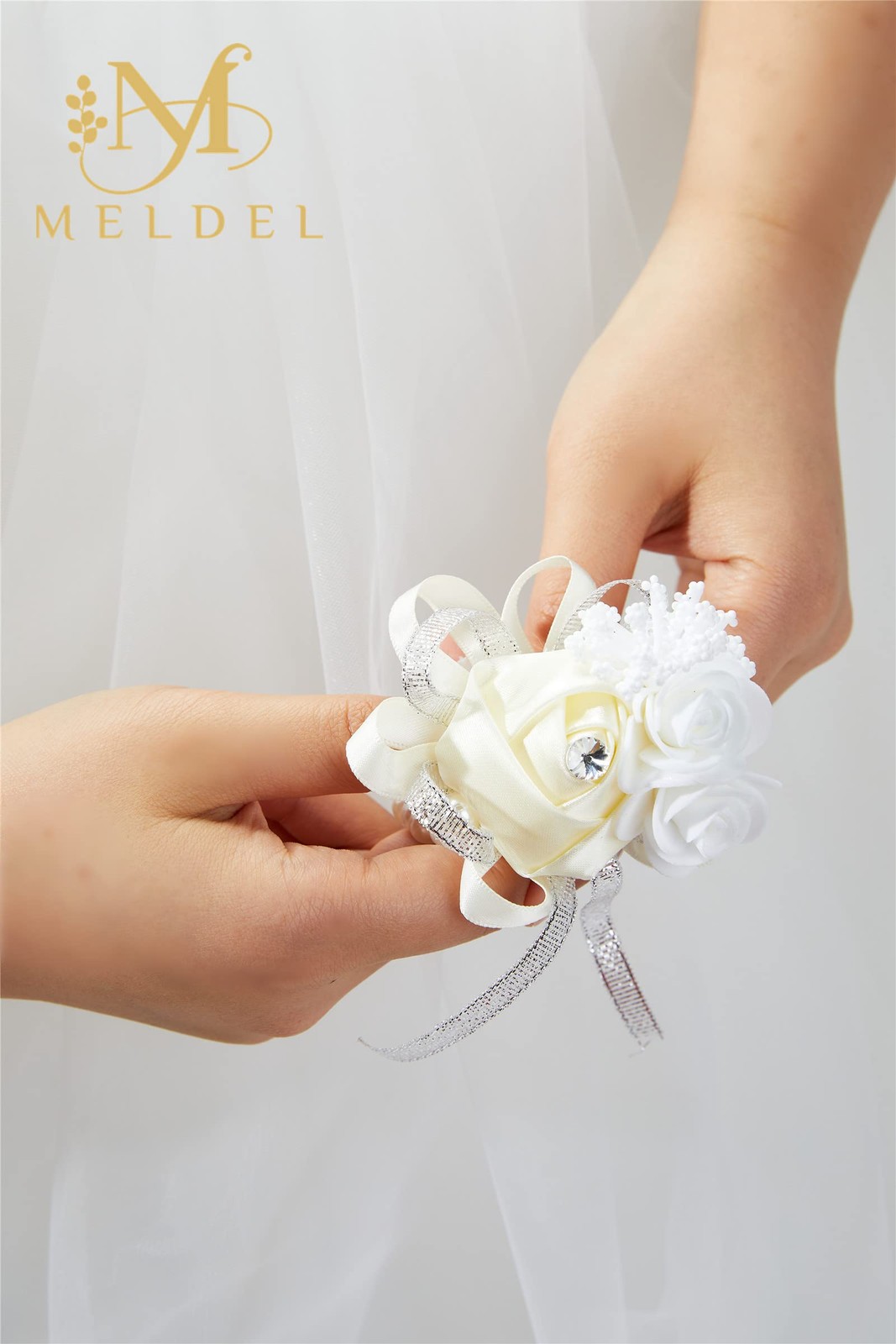 4 PCS Beige White Wrist Corsages Artificial Silk Rose Pearl Bridal Bridesmaid