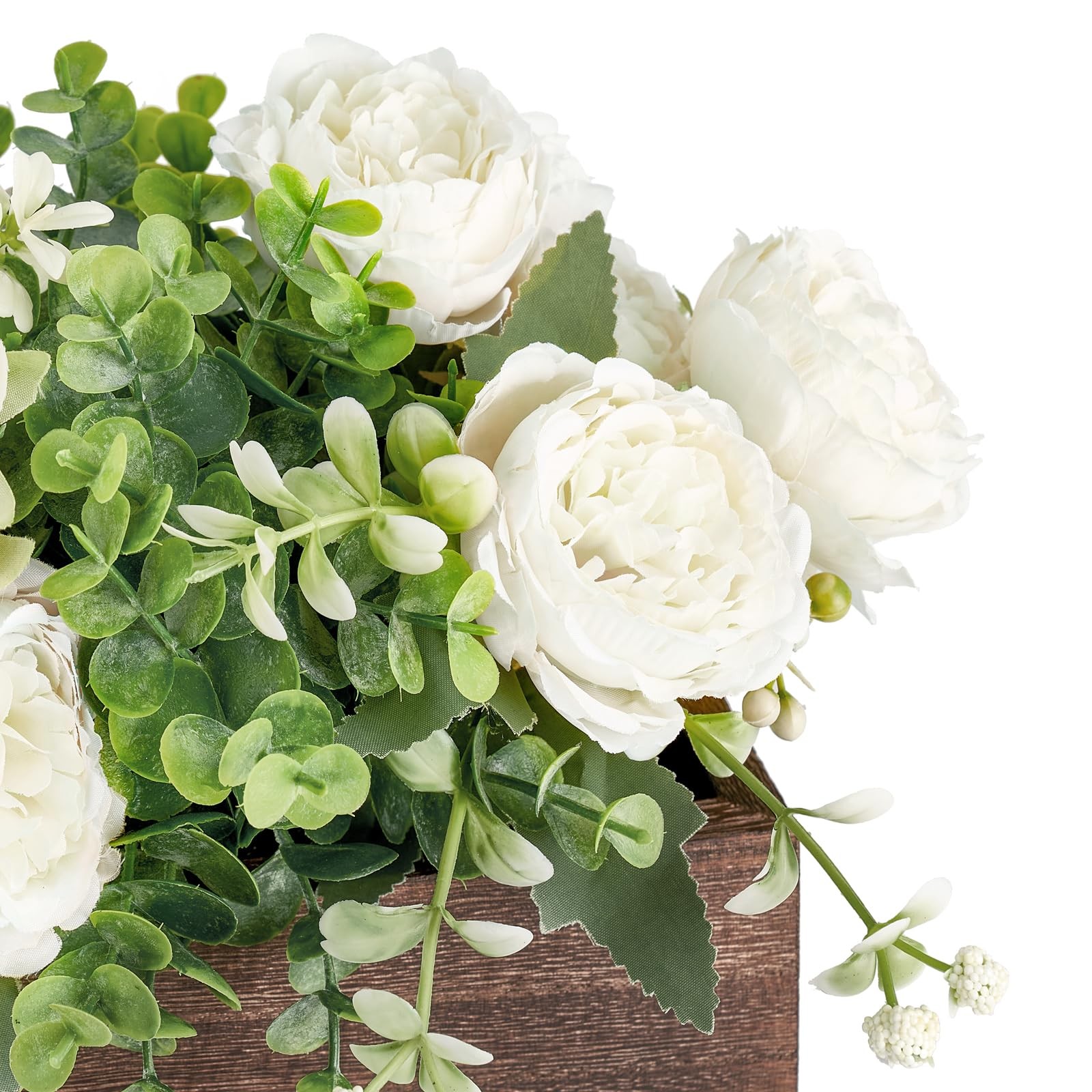 Artificial Flower Centerpiece Farmhouse Table Decor White Rose Wood Box Set