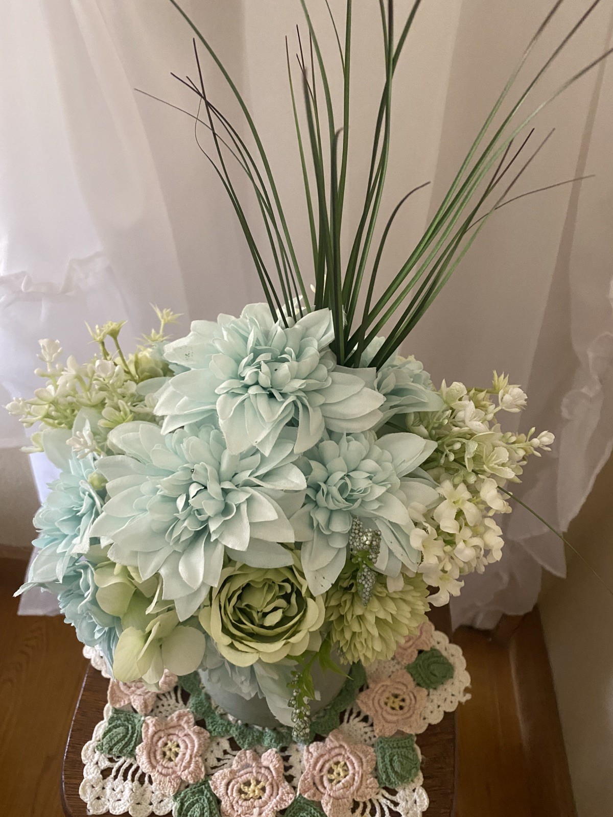 Summer Dahlias & Seafoam Green Roses in a Lovely Glass Jug Style Vase Flower