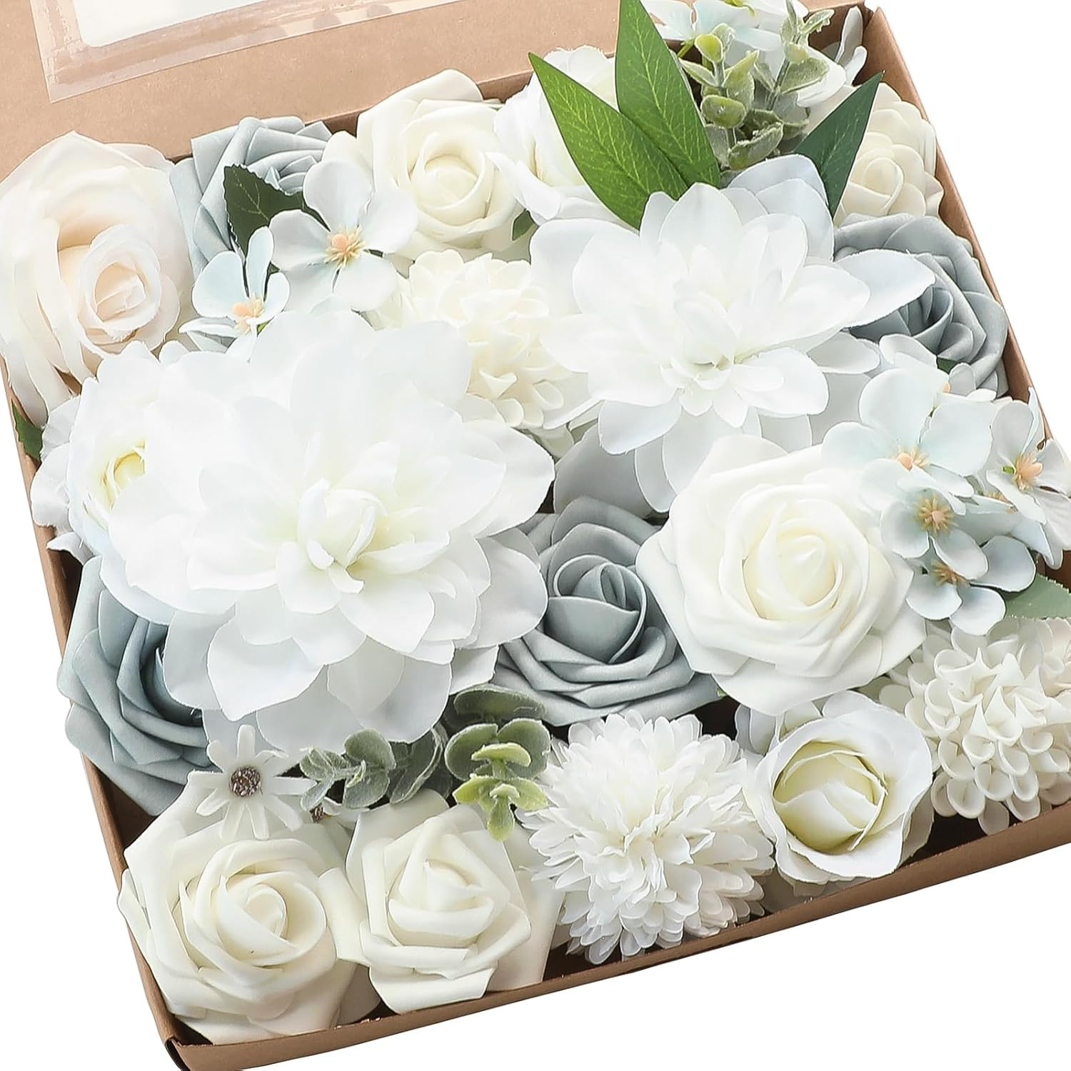 Pink Blush Blue Artificial Flowers Fake Roses Peonies and Greenery Combo Box Set