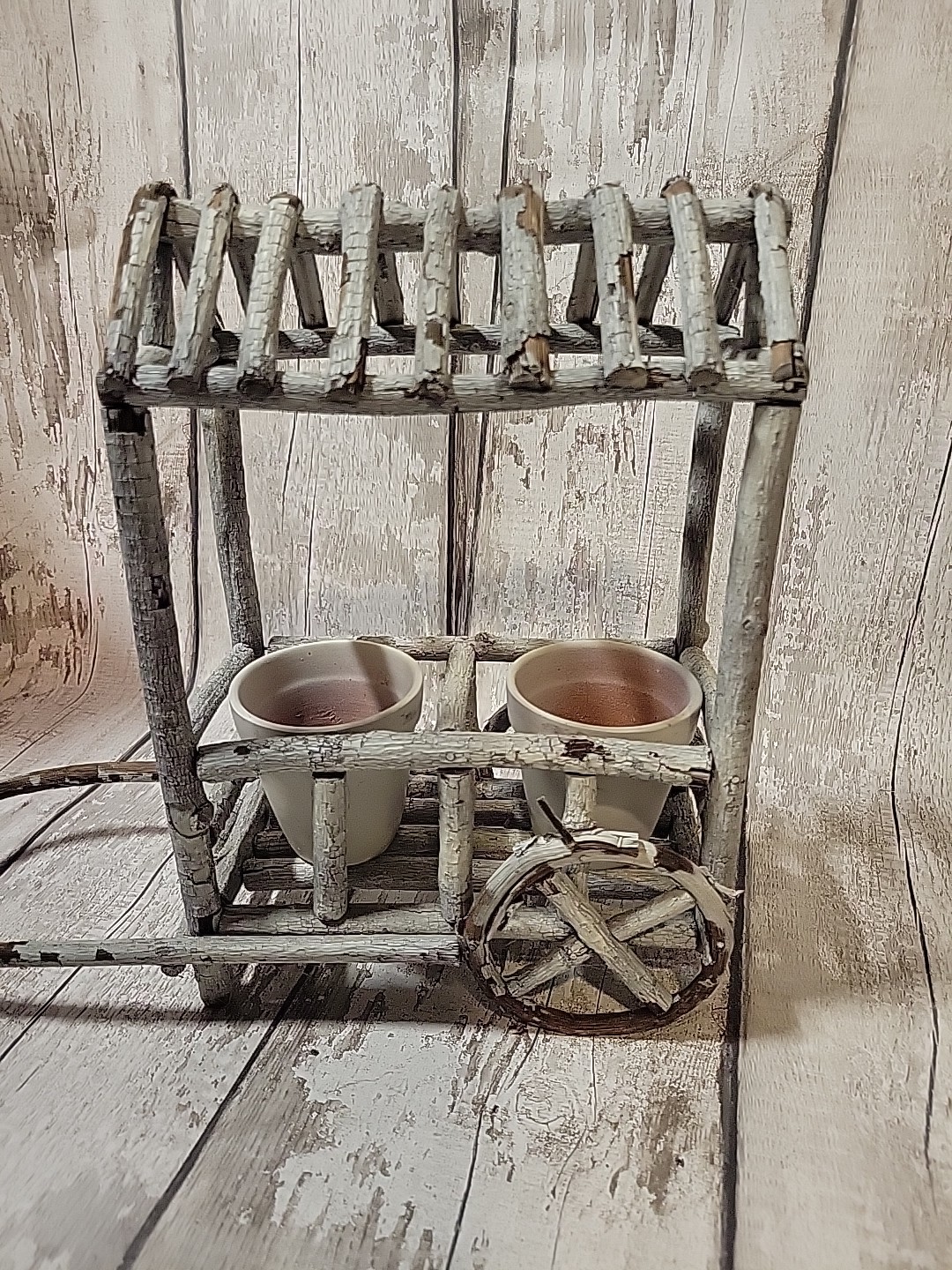 12″ Wood Twig Built Wheel Barrel Planter Flower Pot Decor Farmhouse Rustic