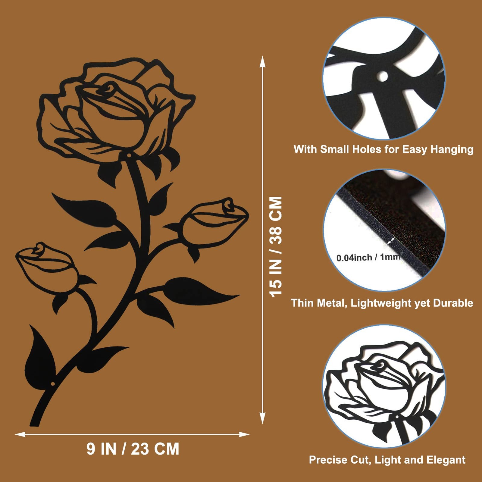 ESTART Black Metal Rose Flower Wall Decor for 15″L x 9″W, 1 Piece