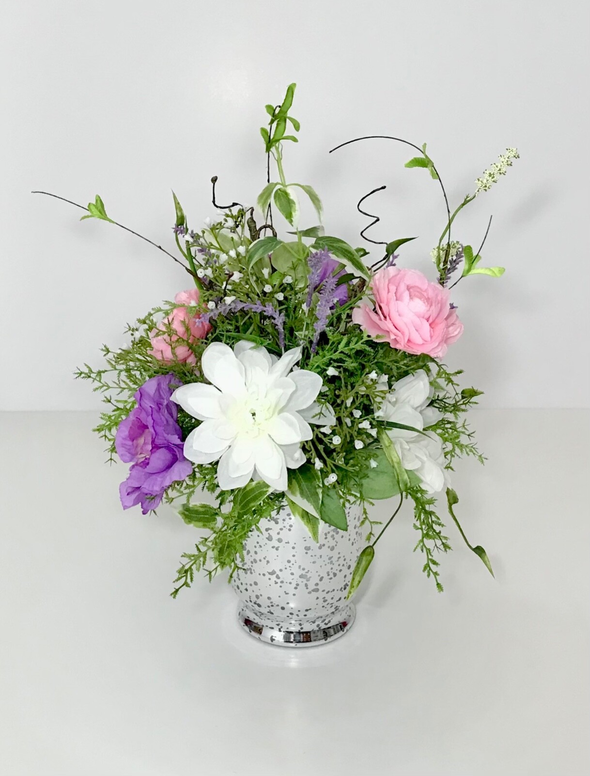 PINK PURPLE WHITE FLOWERS ARRANGEMENT MIRRORED GLASS VASE CENTERPIECE GIFT NEW