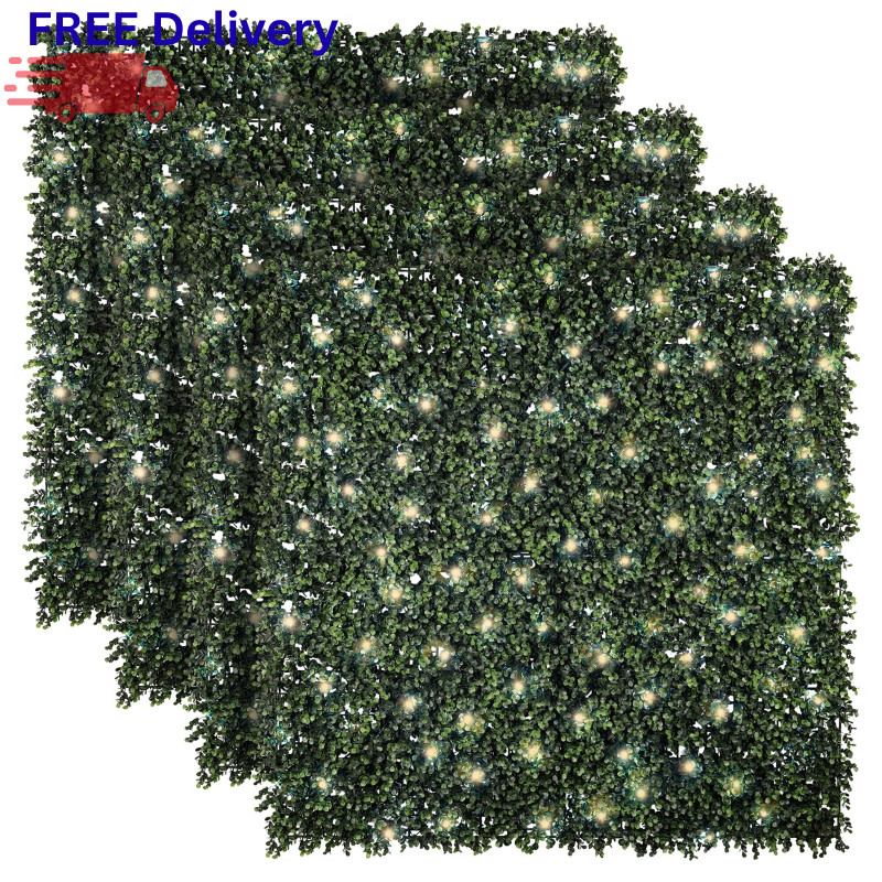 Artificial Hedge Panel with Lights 4-Pack Faux Greenery Wall Privacy Screen