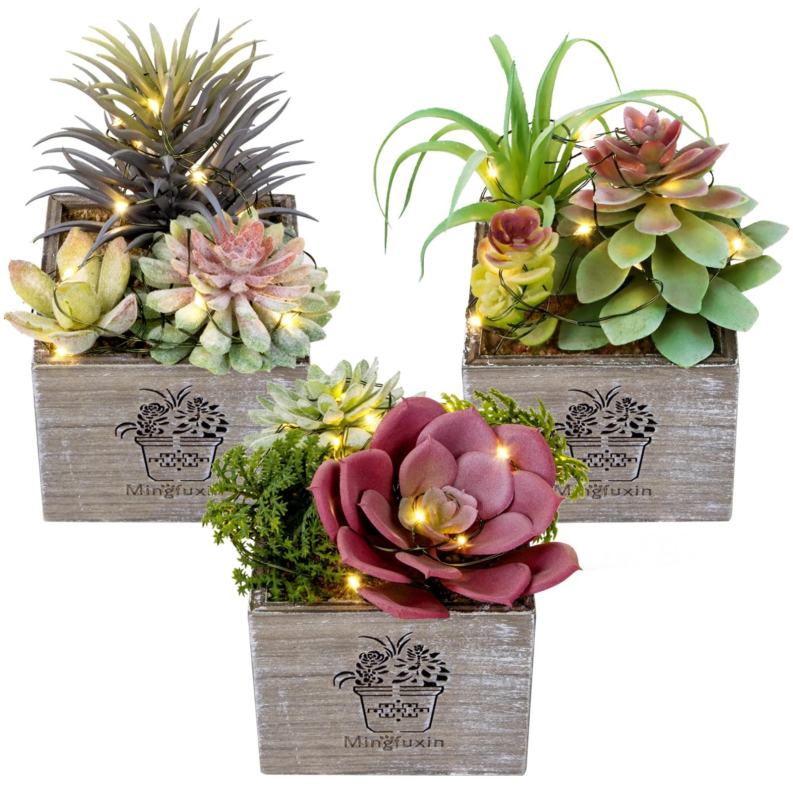 Small Fake Plants, Succulent Plants Artificial with Led Lights 3 Pack