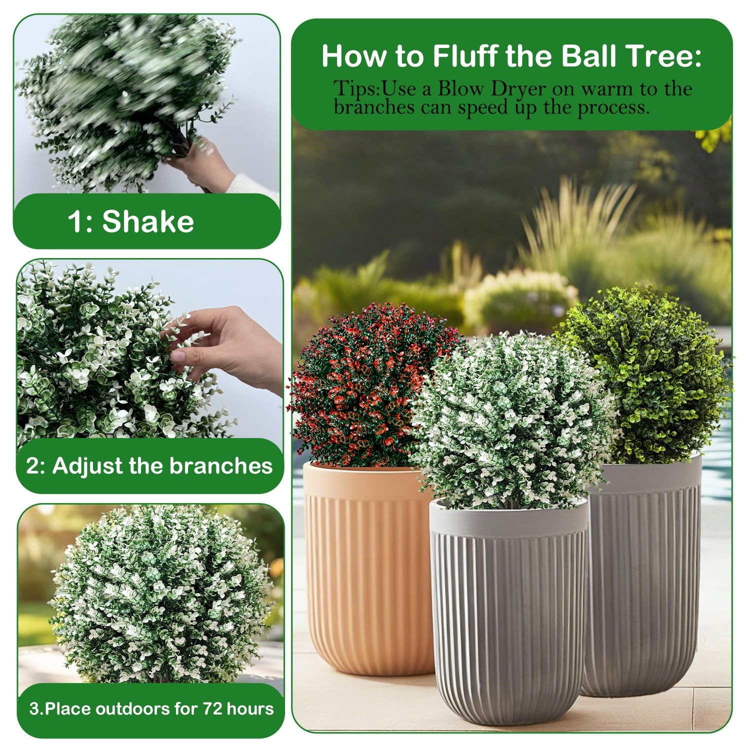 2 Pack 24.5″ Artificial Boxwood Topiary Ball Trees Outdoor, White Faux Bushes…