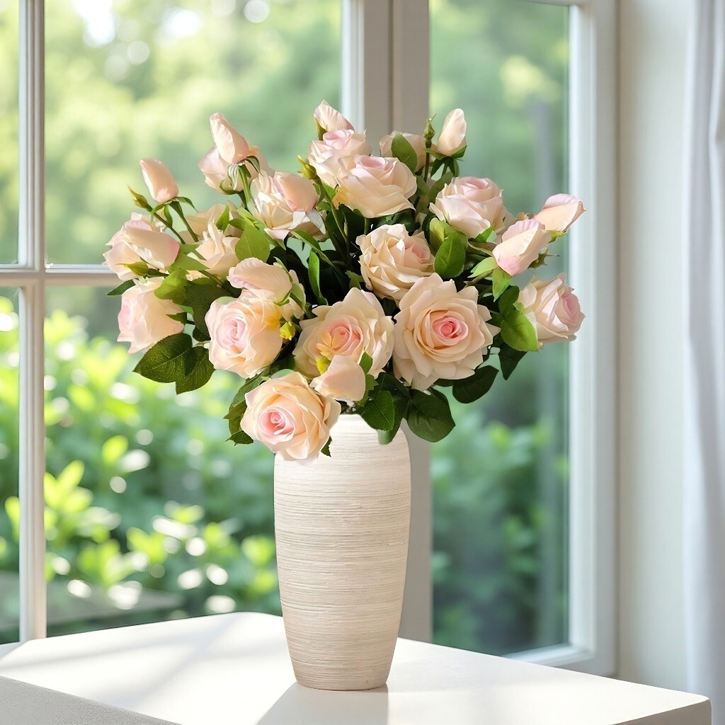 4Pcs Artificial Long-Stem Roses,3 Heads Each,2 Fully Bloomed,Lifelike Realistic