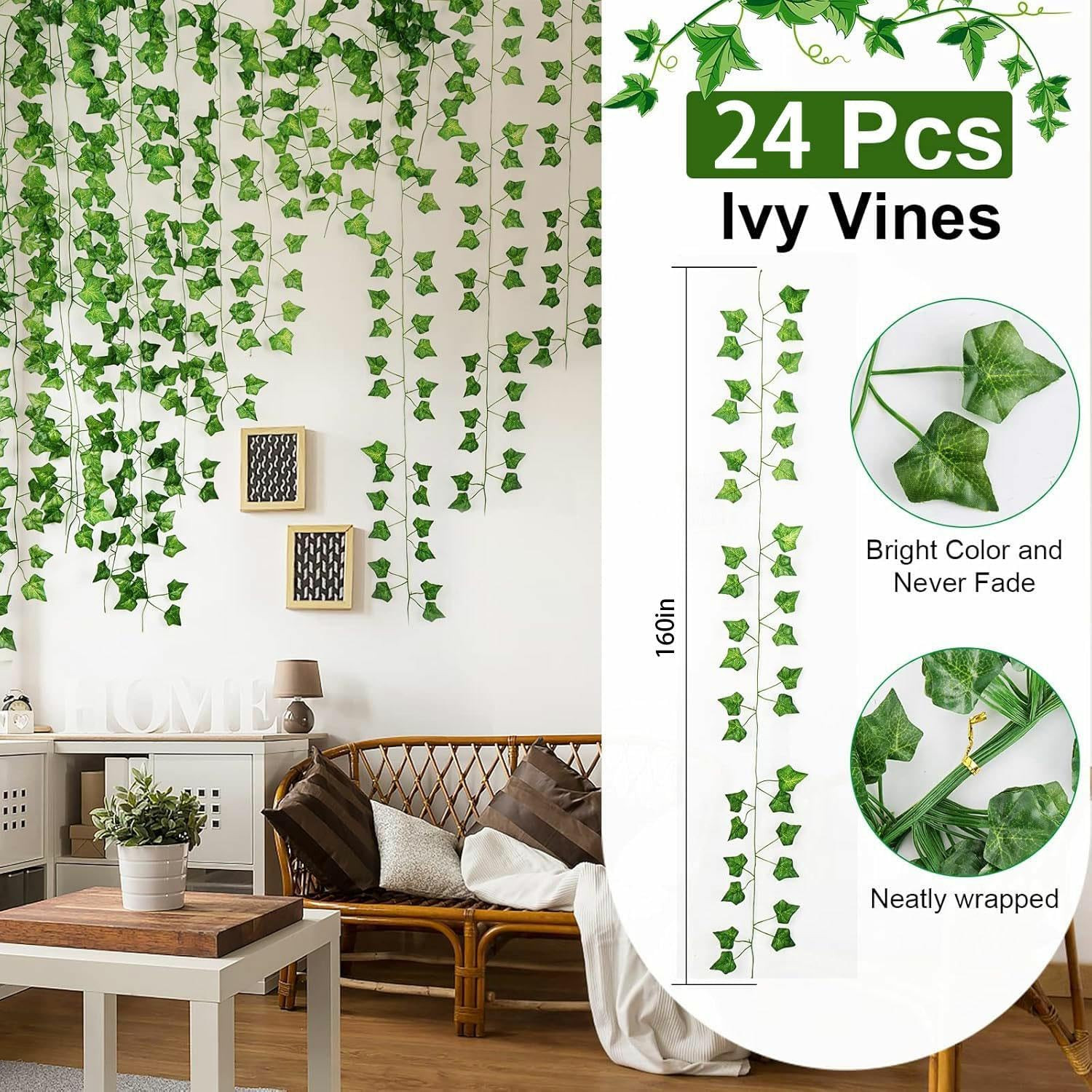 24 Pack 172 FT Artificial Ivy Garland Greenery Outdoor Faux Plants Leaf Garland