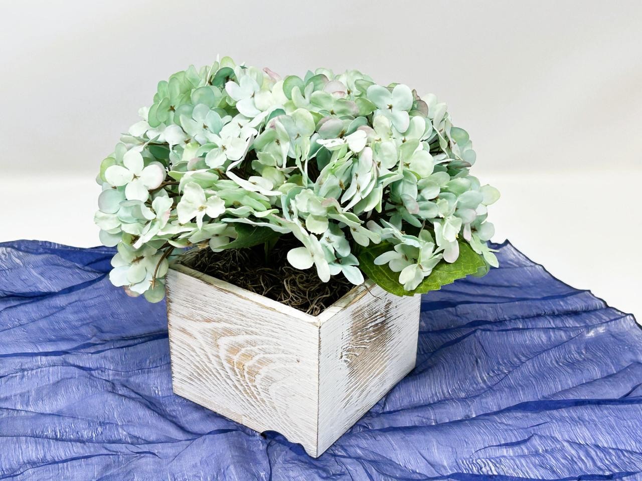 7″ Artificial BLUE-GREEN HYDRANGEA faux Silk flower in white washed box