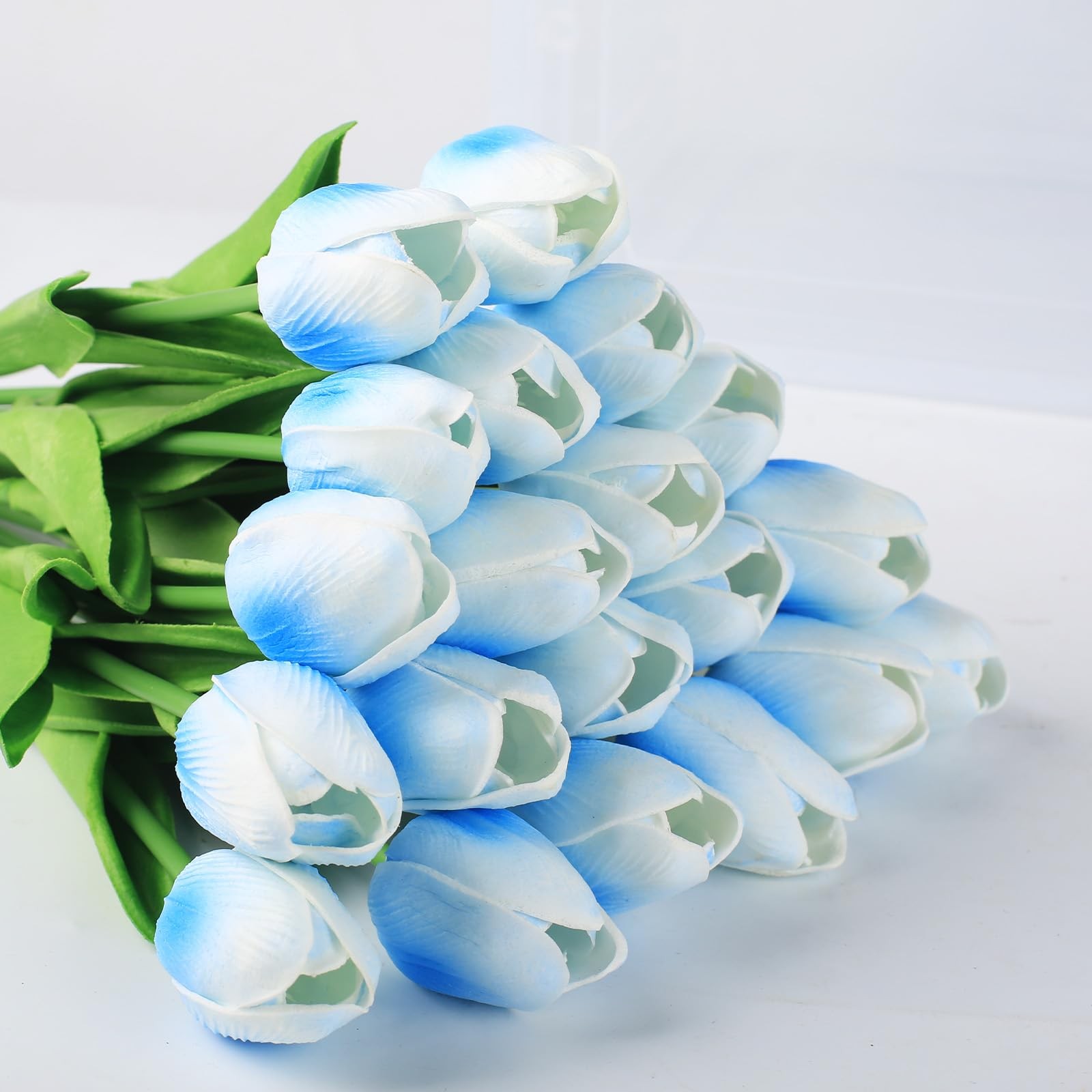20 Pcs 13” Real Touch Light-Blue Tulips Artificial Flowers, Latex PU Fake Fau…