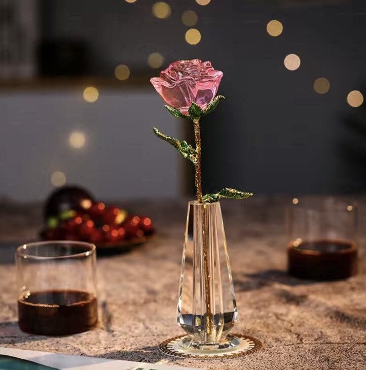 Crystal Glass Pink 💕Rose Flower Gold Plated Long Stem Valentine’s Day💖Gift Box