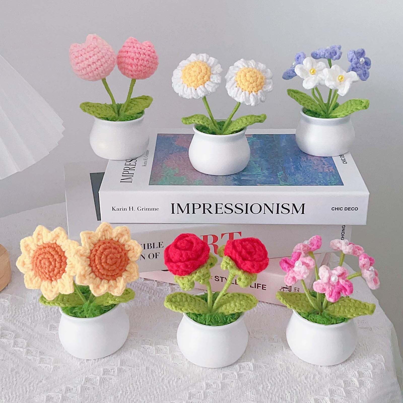 3 PCS Crochet Flower Pot Sunflower Red Rose Forget Me Not Small Potted Decor