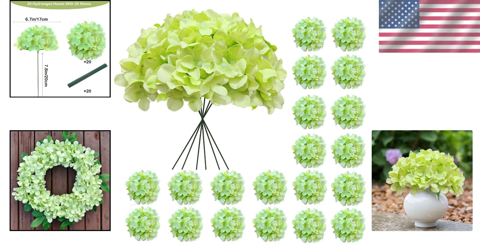 20 Pcs Green Artificial Hydrangea Flowers Bulk Silk Fake Bloom Wedding Decor