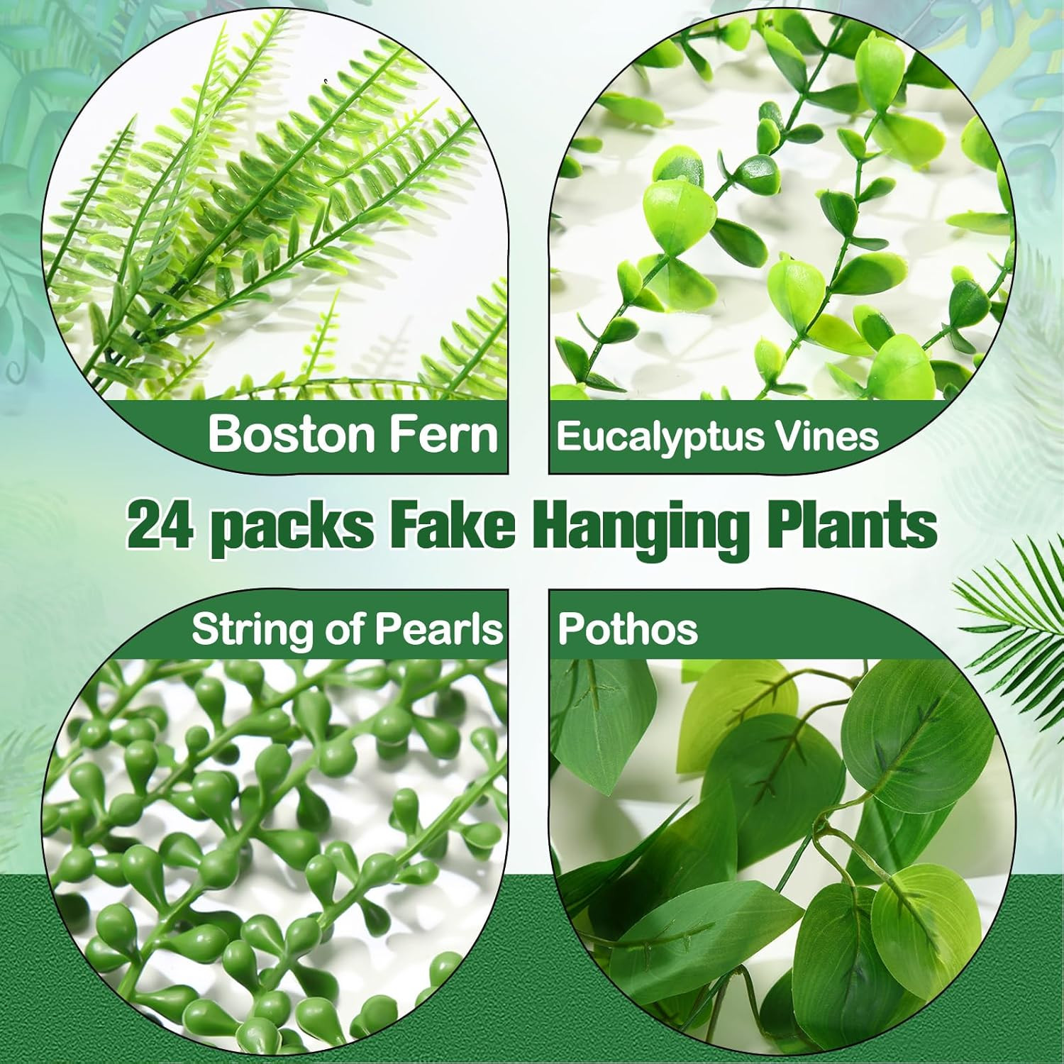 24 Pcs Fake Hanging Plants – Ferns, Ivy, Eucalyptus for Indoor/Outdoor Decor